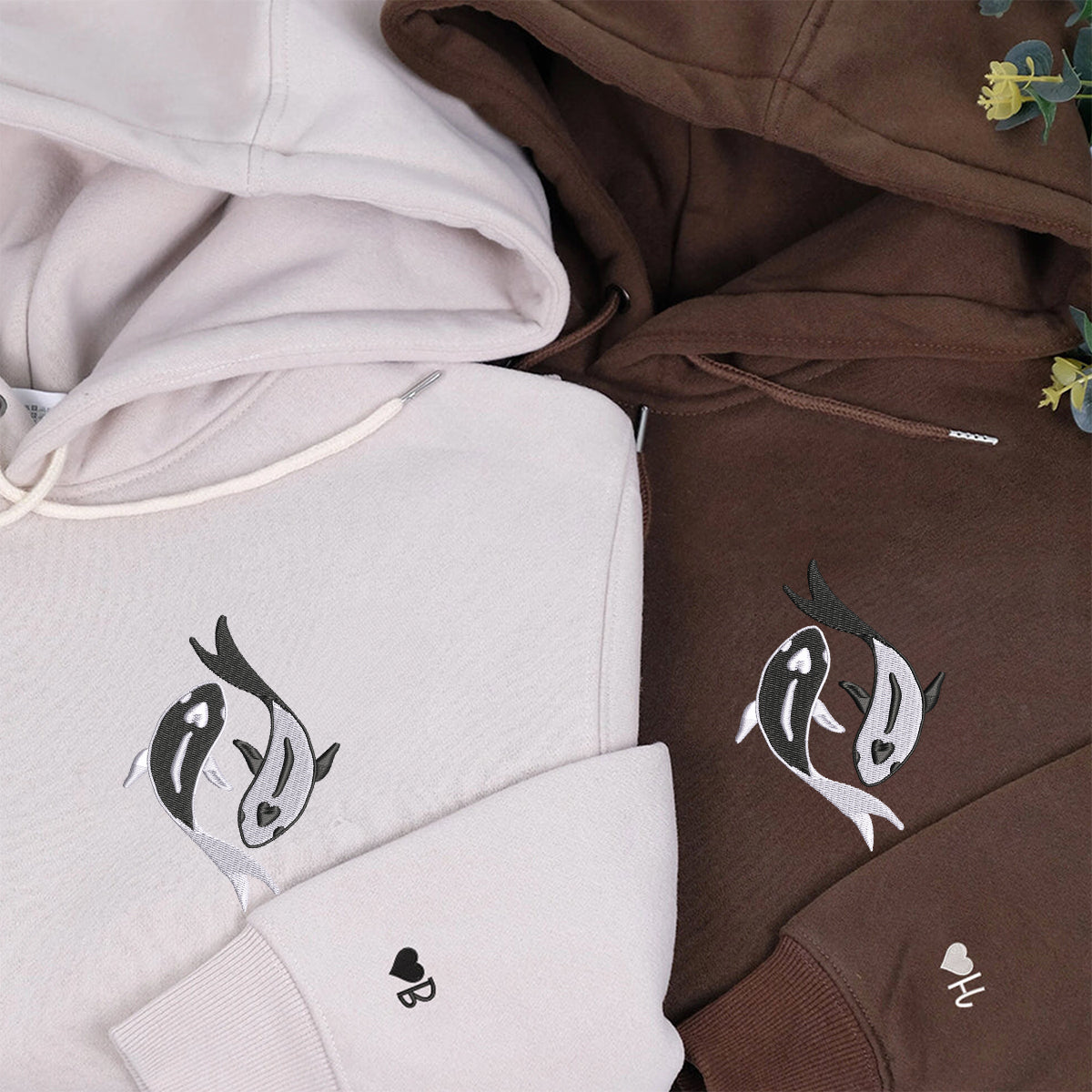 Sweats à capuche assortis brodés personnalisés avec motif poisson koï Yin Yang pour couples