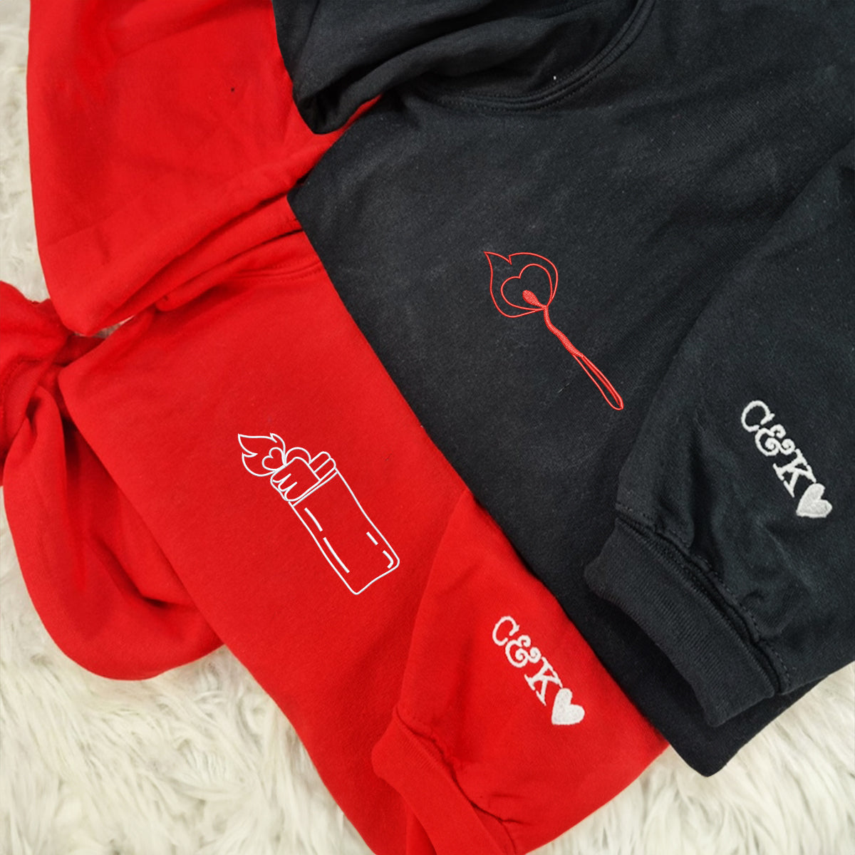 Individuell bestickte Kapuzenpullover mit Feuerzeug und Feuer für Paare