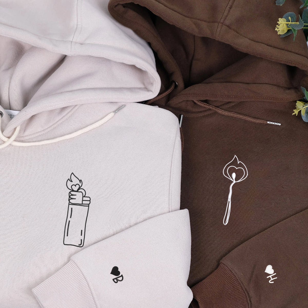 Individuell bestickte Kapuzenpullover mit Feuerzeug und Feuer für Paare