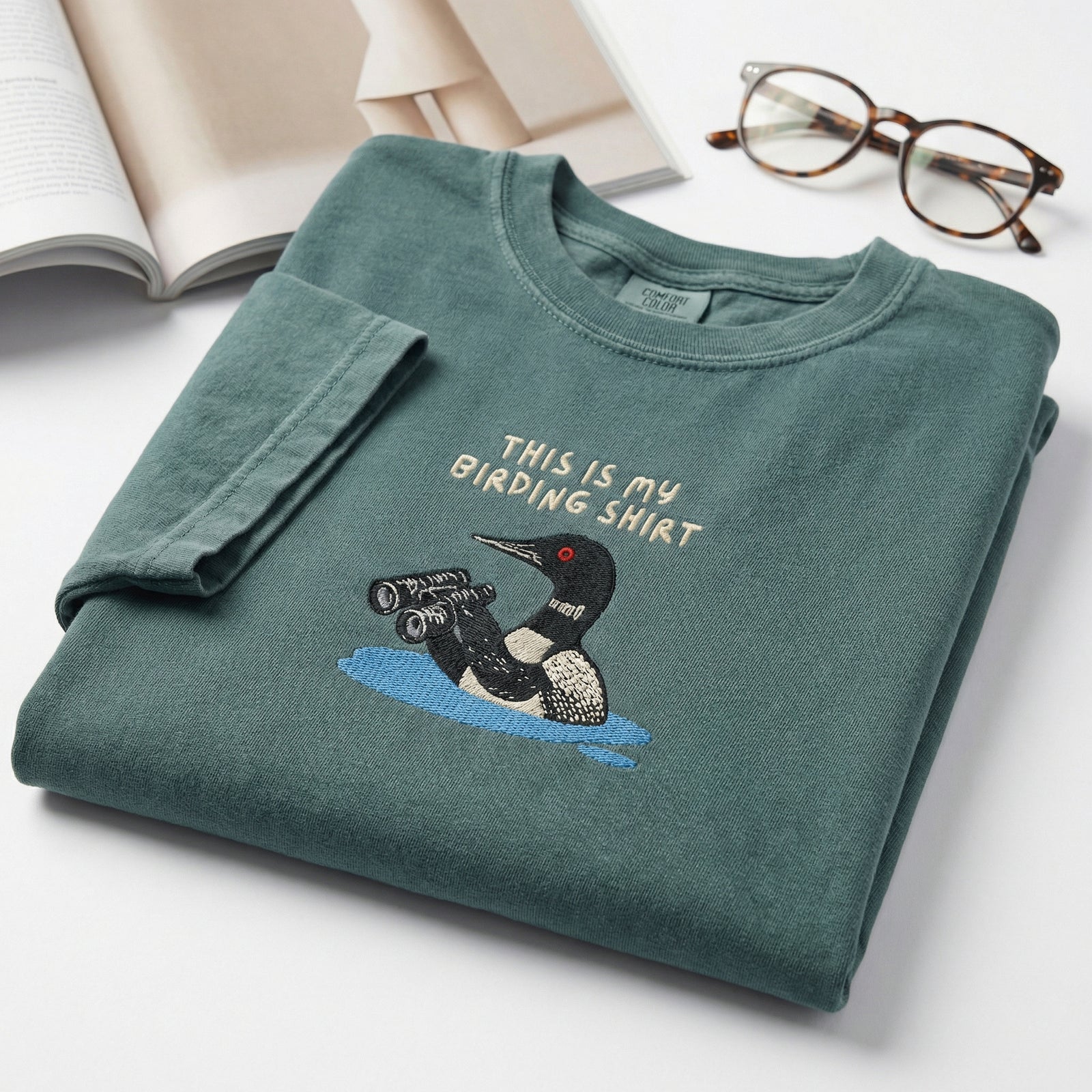 Custom Embroidered Loon with Binoculars T-Shirt - Birding Wildlife Gift