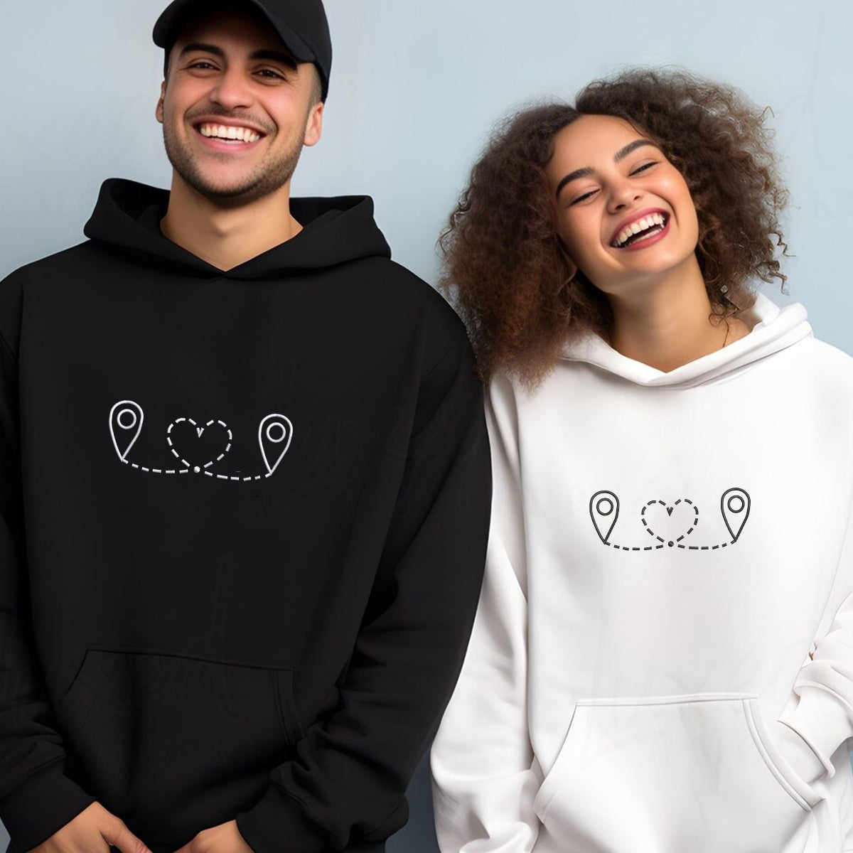 Individuell bestickte Love Location Passende Hoodies für Paare