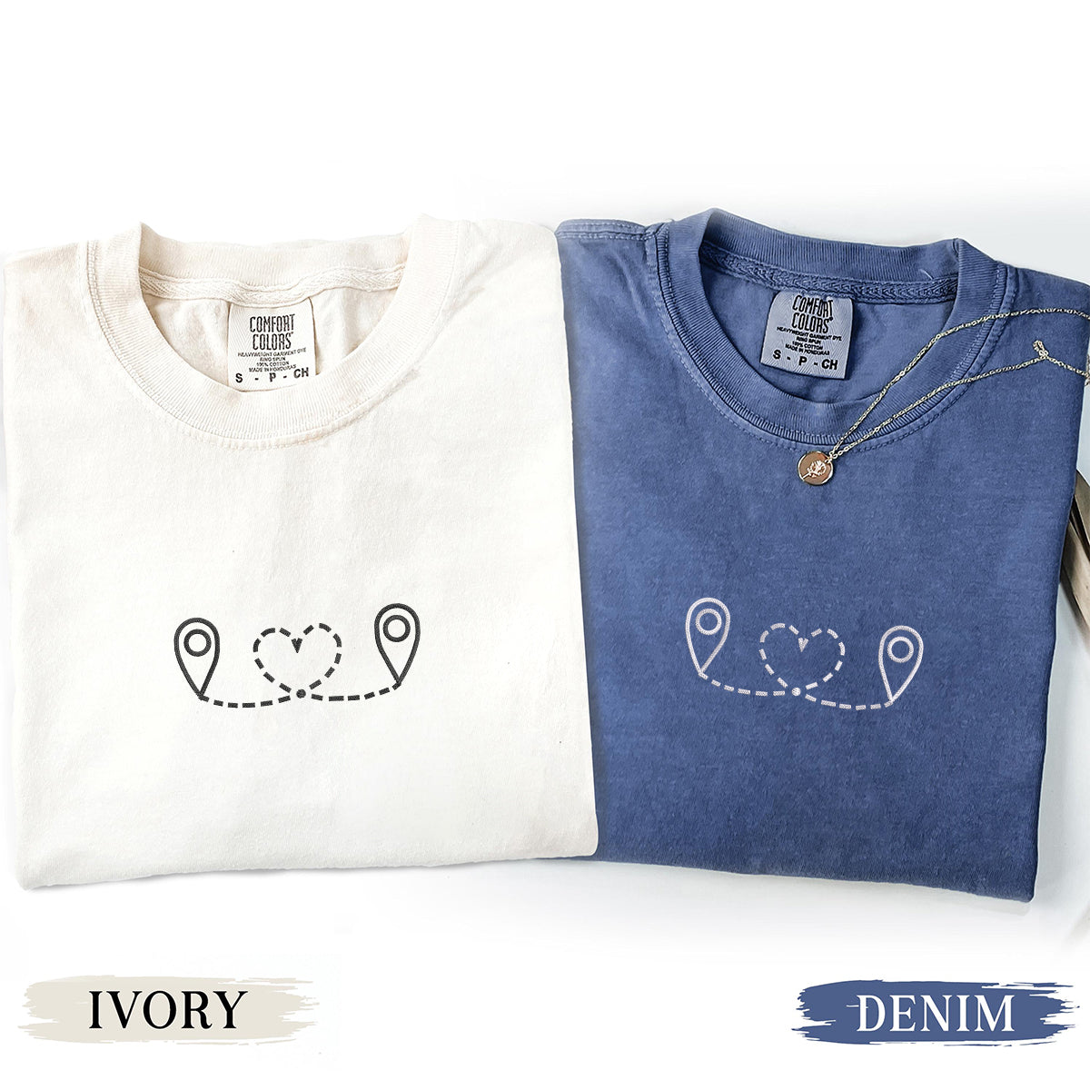 Custom Embroidered Love Location Matching T-shirts for Couples