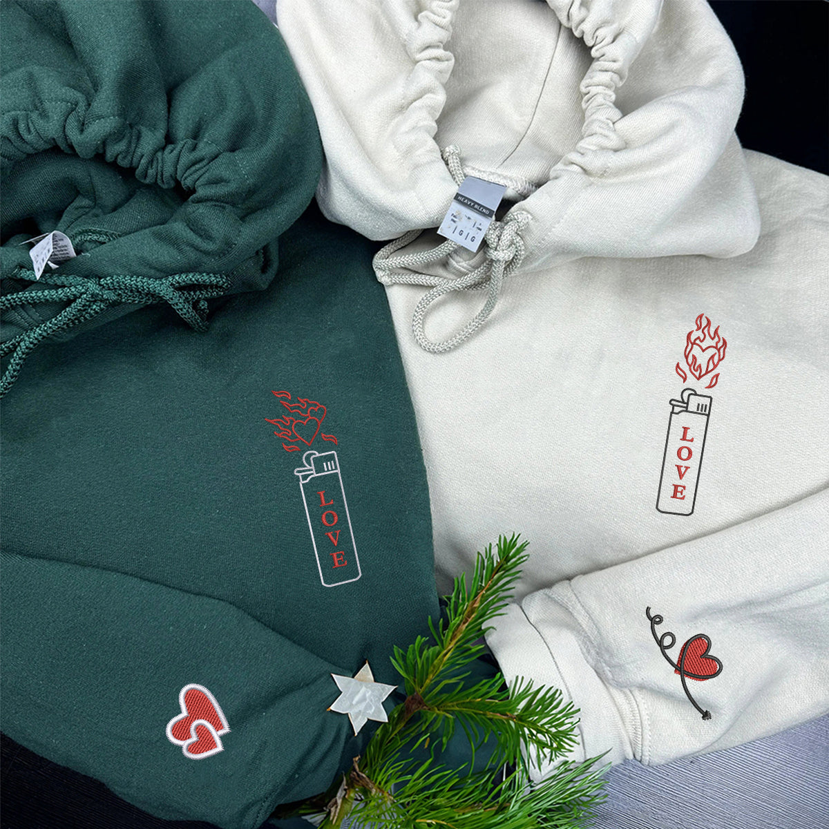 Sweats à capuche assortis brodés personnalisés « Love On Fire » pour couples