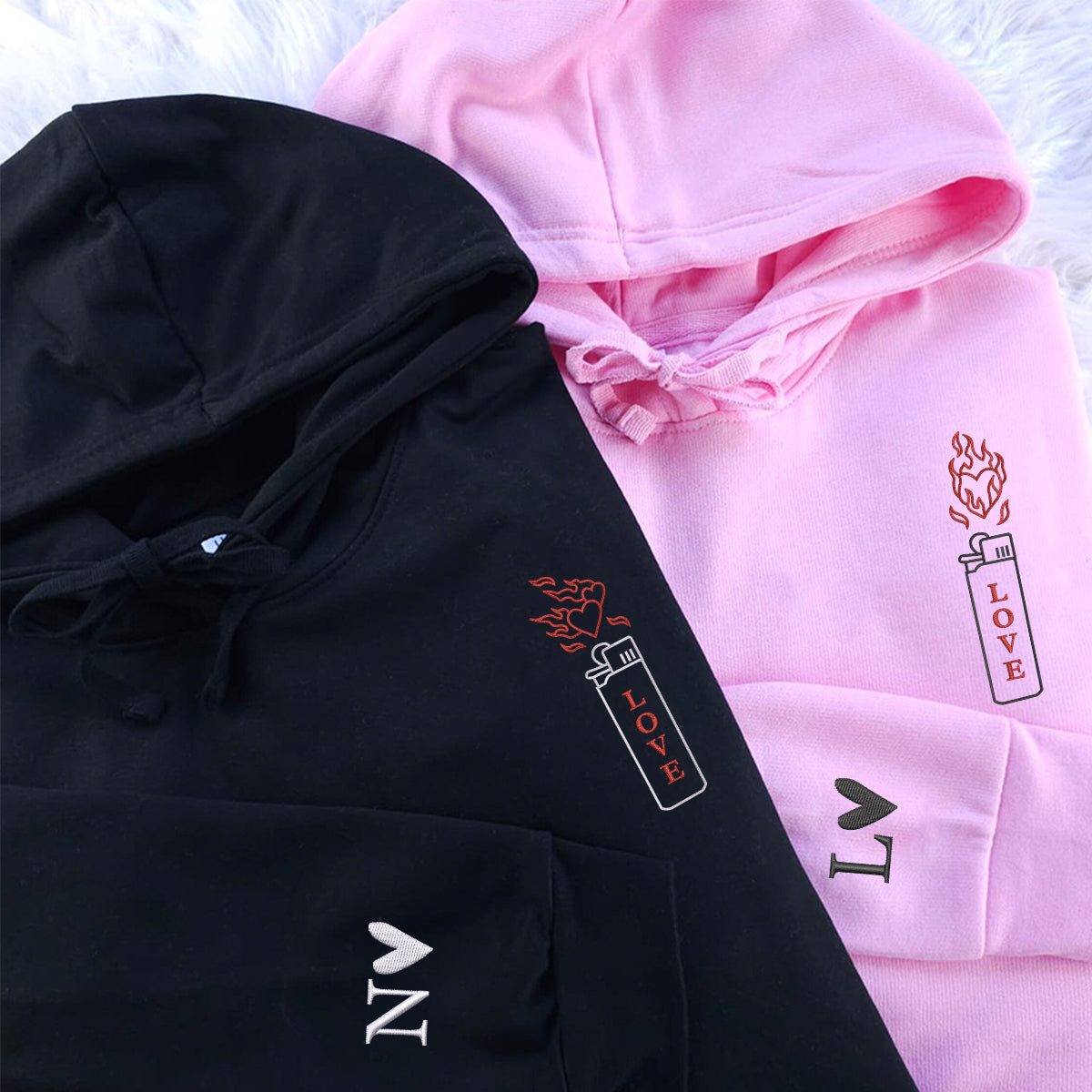 Sweats à capuche assortis brodés personnalisés « Love On Fire » pour couples