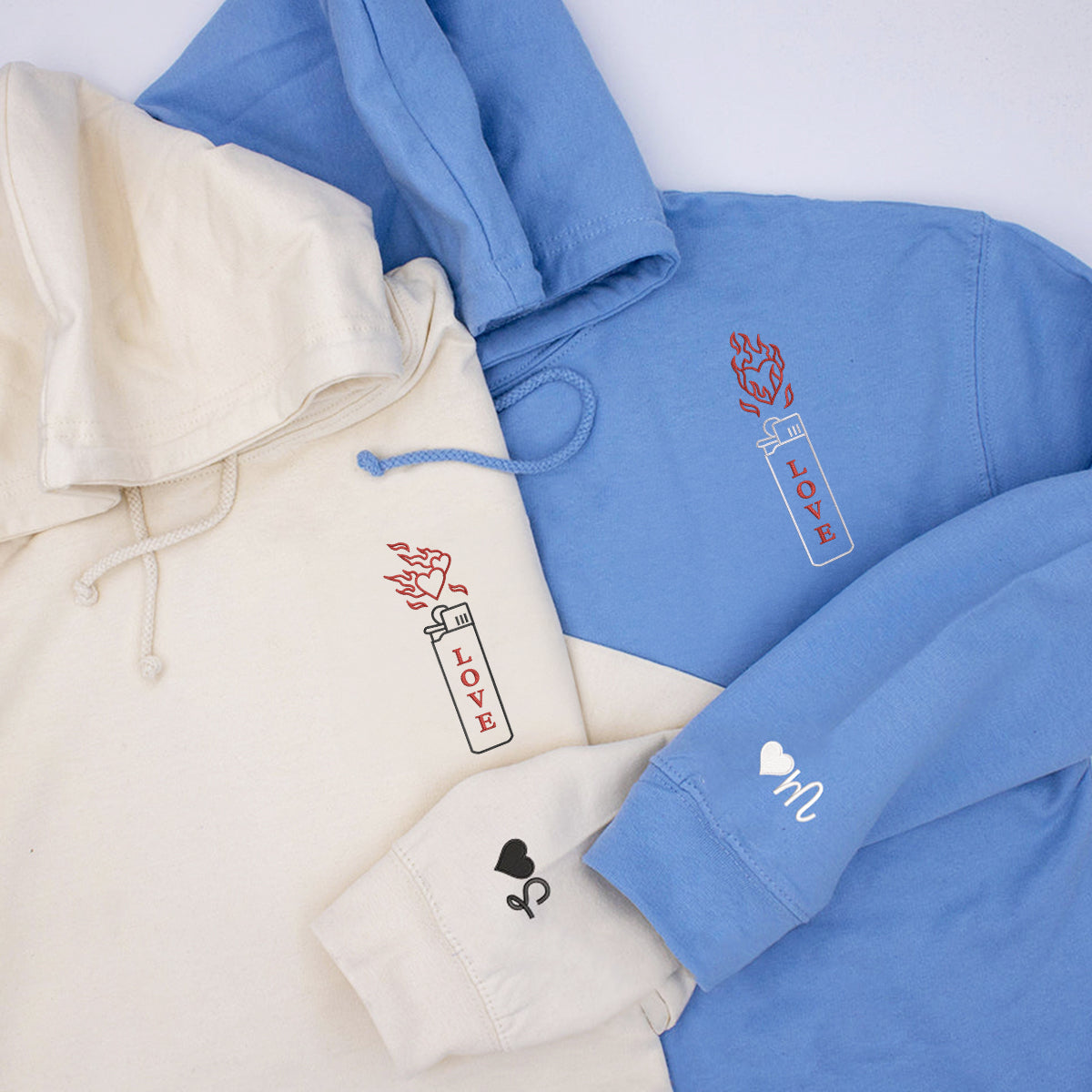 Sweats à capuche assortis brodés personnalisés « Love On Fire » pour couples