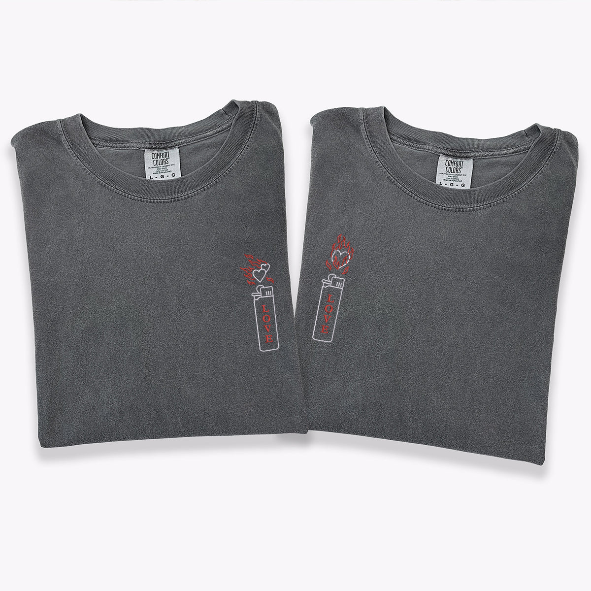 Custom Embroidered Love On Fire Matching T-shirts for Couples