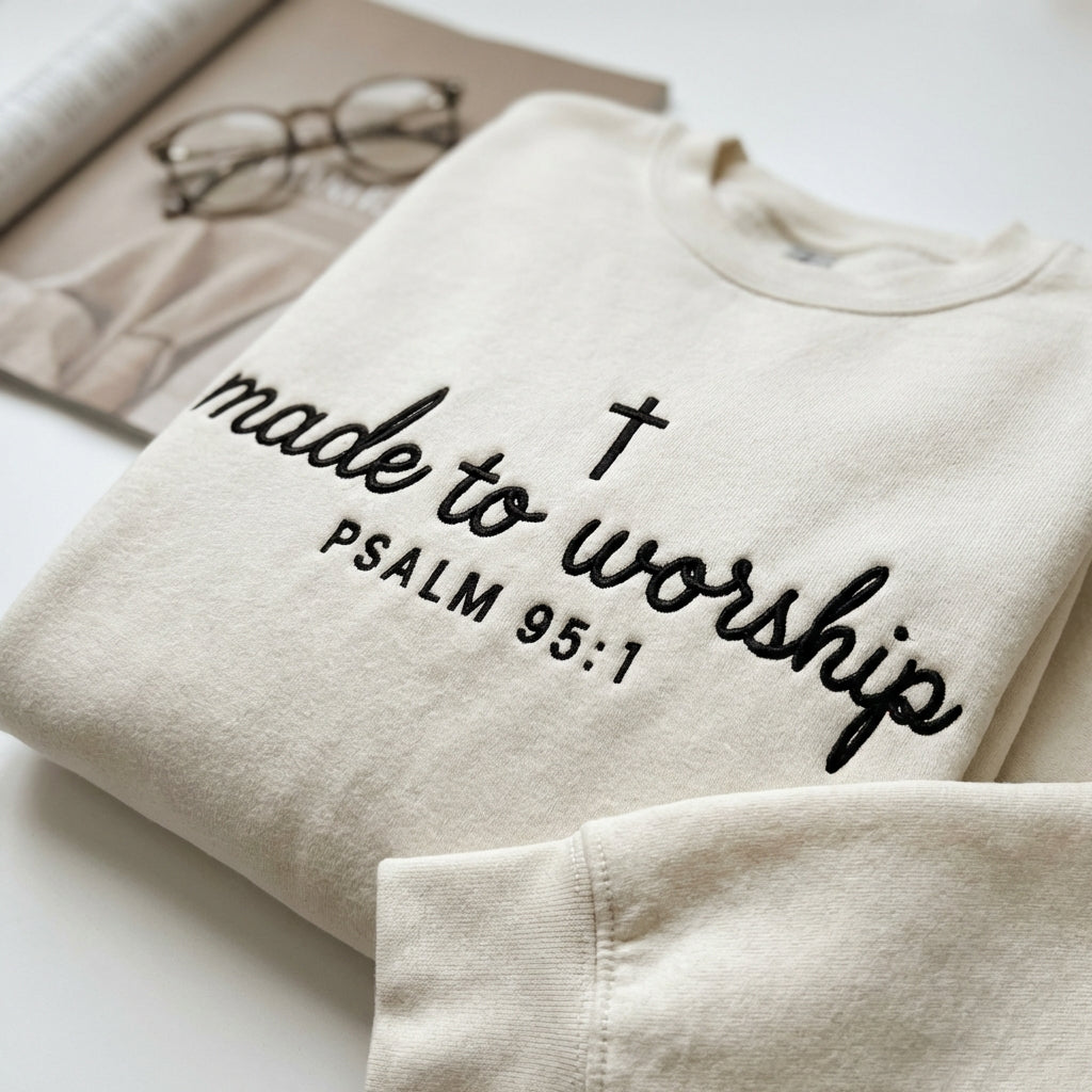 Custom Embroidered Made to Worship Sweatshirt - Christian Psalm 95:1 Bible Verse Embroidered Hoodie