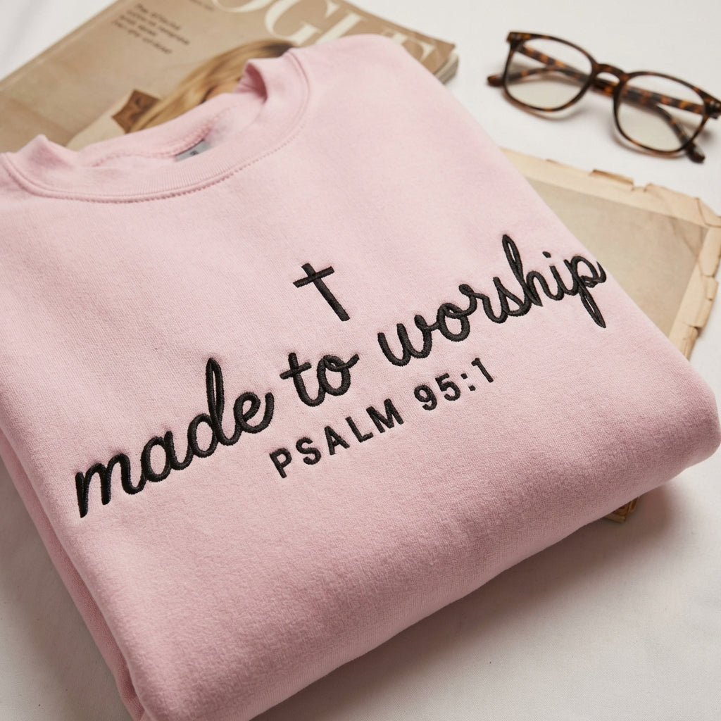 Custom Embroidered Made to Worship Sweatshirt - Christian Psalm 95:1 Bible Verse Embroidered Hoodie