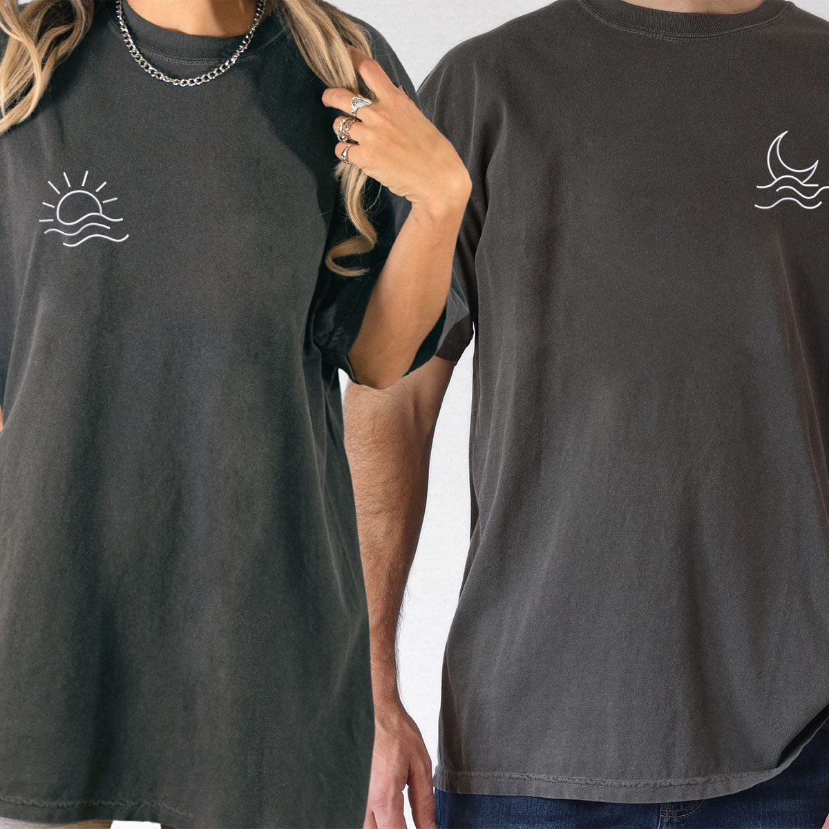 Individuell bestickte T-Shirts mit Mond und Sonne für Paare