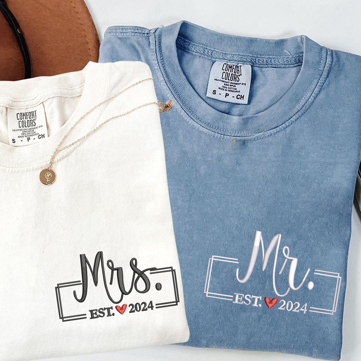 Custom Embroidered Mr & Mrs V2 Matching T-shirts for Couples