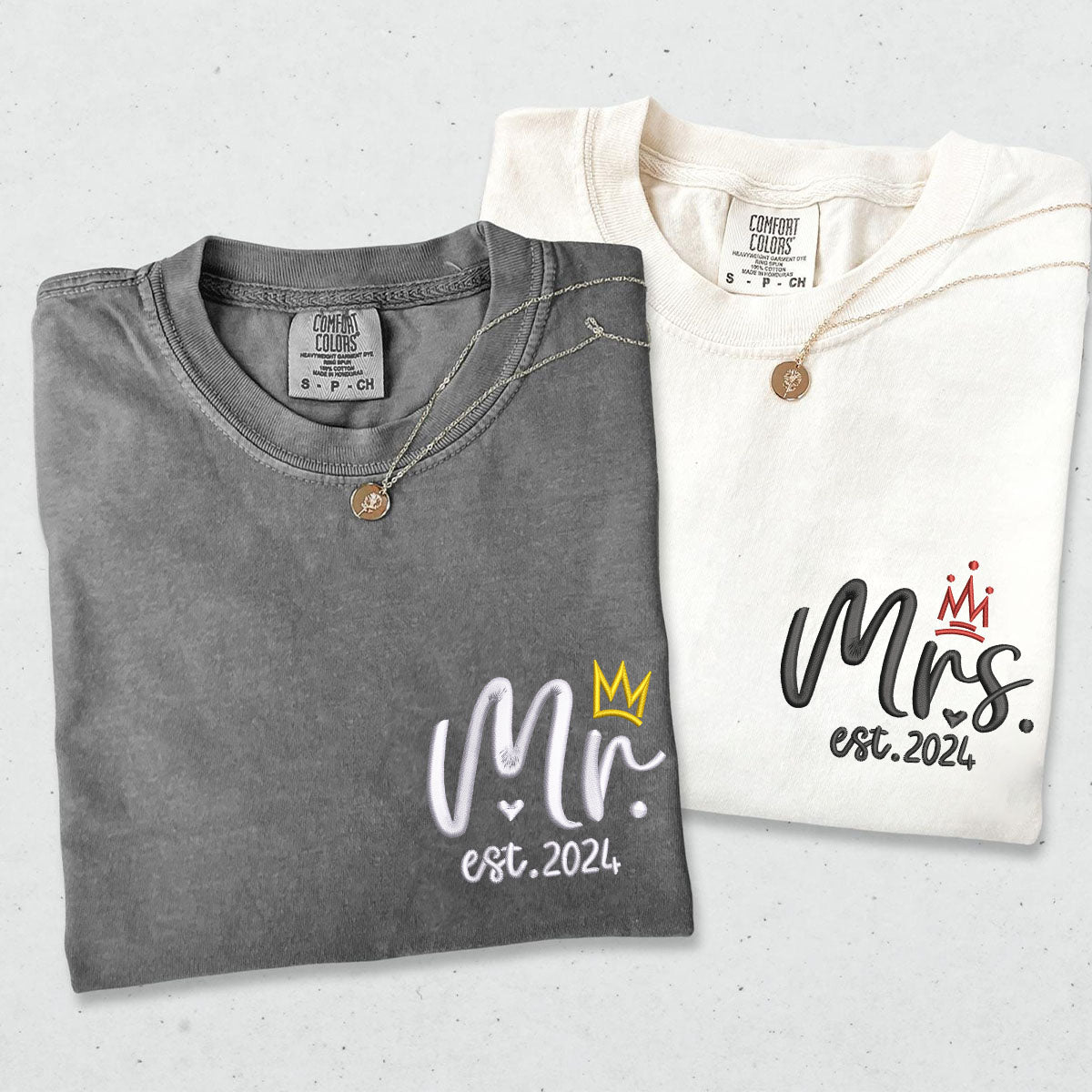 Custom Embroidered Mr & Mrs V2 Matching T-shirts for Couples