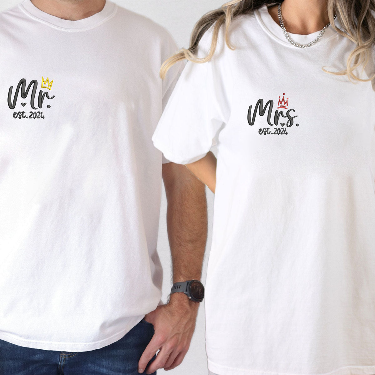 Custom Embroidered Mr & Mrs V2 Matching T-shirts for Couples