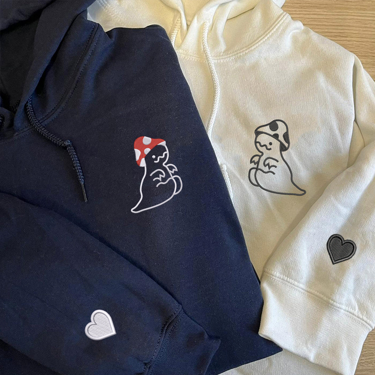 Custom Embroidered Mushroom Dinosaur Matching Hoodies for Couples