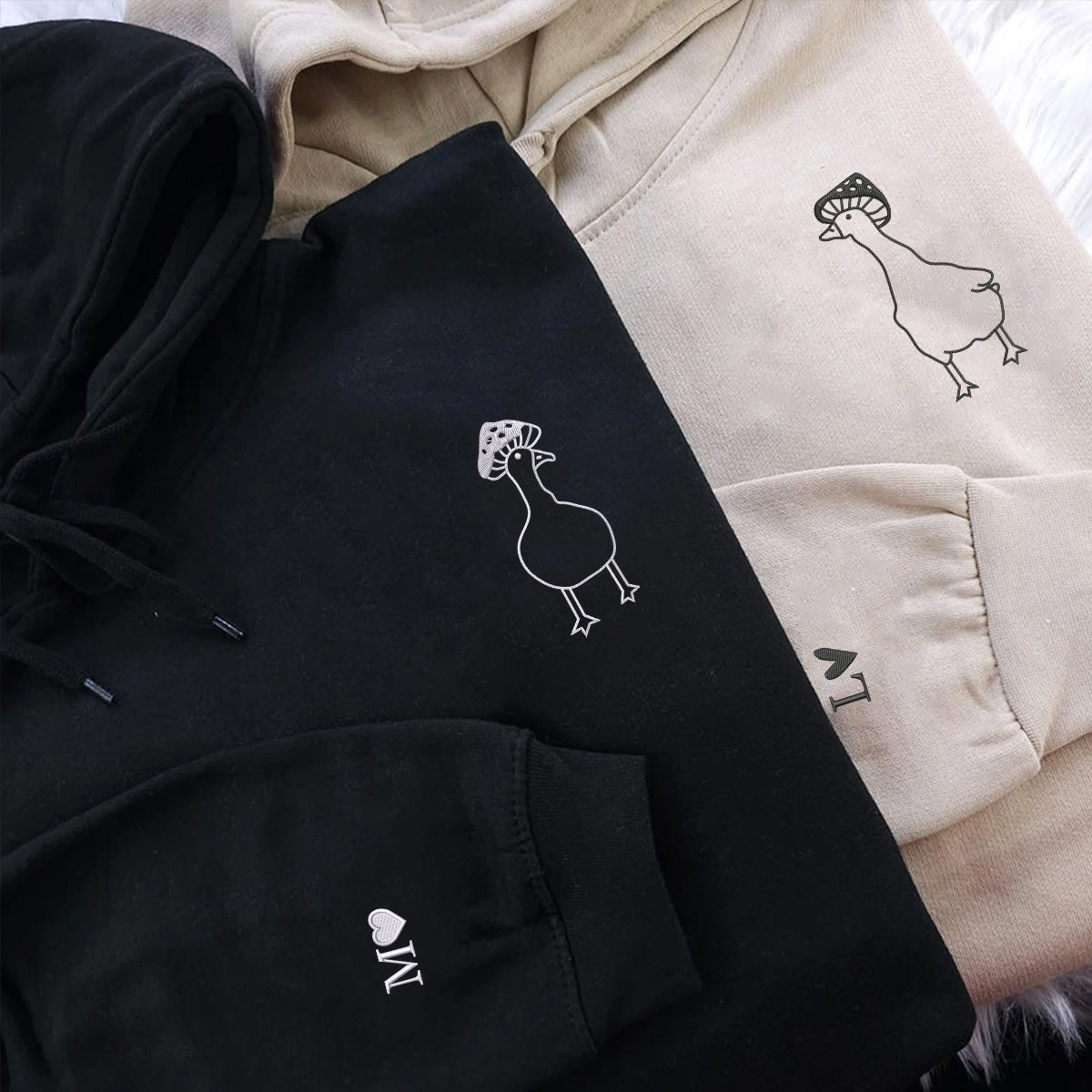 Custom Embroidered Mushroom Duck Matching Hoodies for Couples