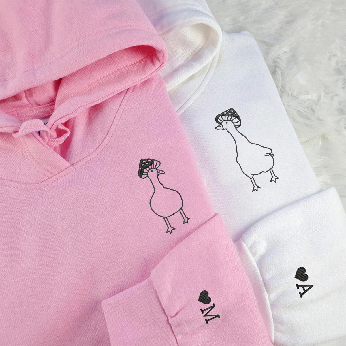Custom Embroidered Mushroom Duck Matching Hoodies for Couples