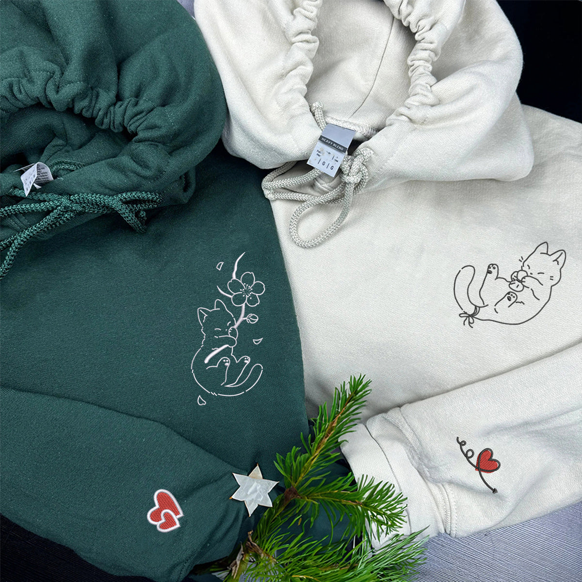 Individuell bestickte Engel- und Dämonenkatze-Kapuzenpullover für Paare