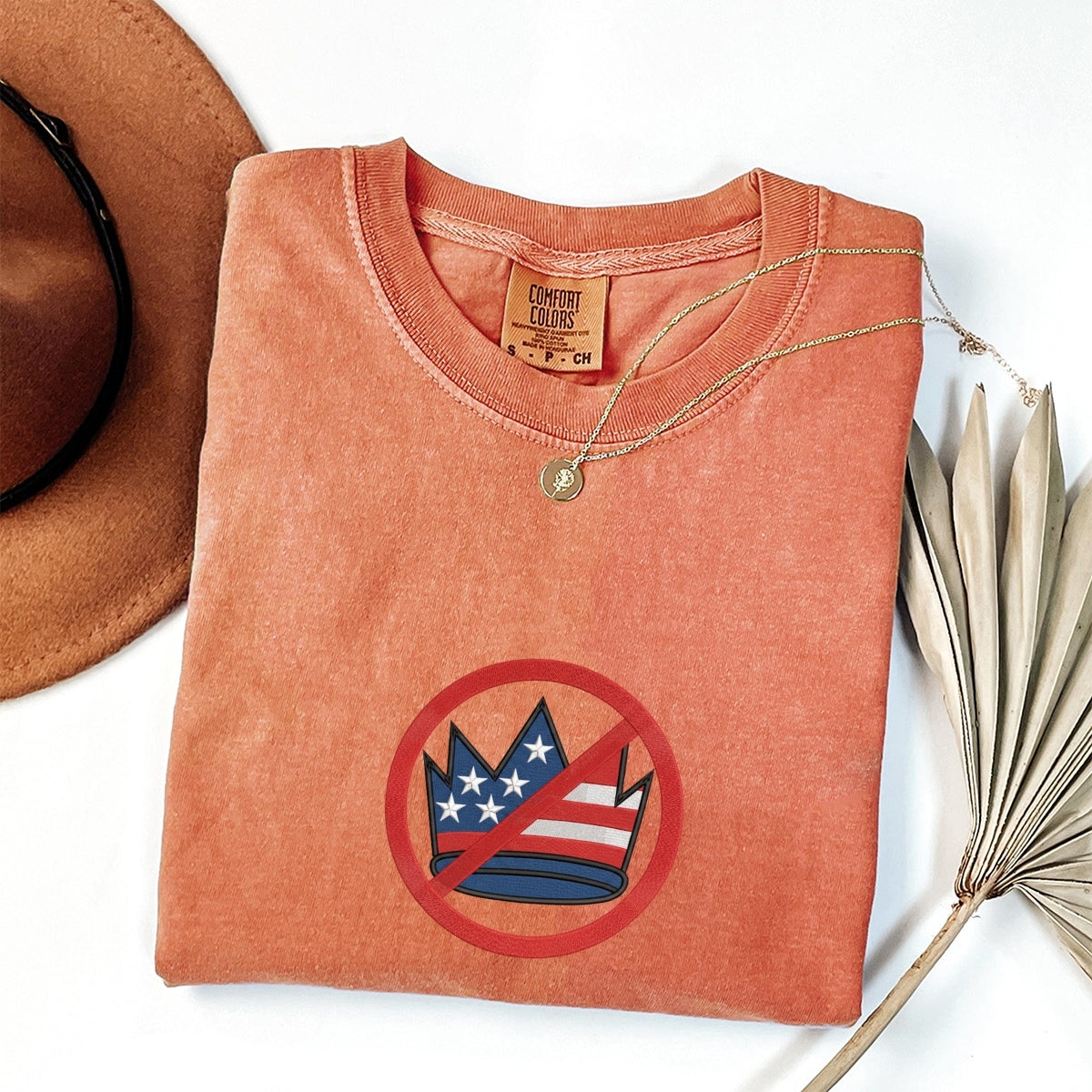 Custom Embroidered No Kings in America T-Shirt | Political Tee – Crown Embroidery Protest Shirt