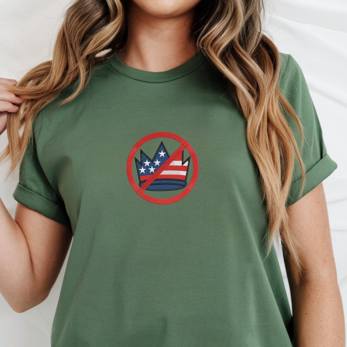 Custom Embroidered No Kings in America T-Shirt | Political Tee – Crown Embroidery Protest Shirt
