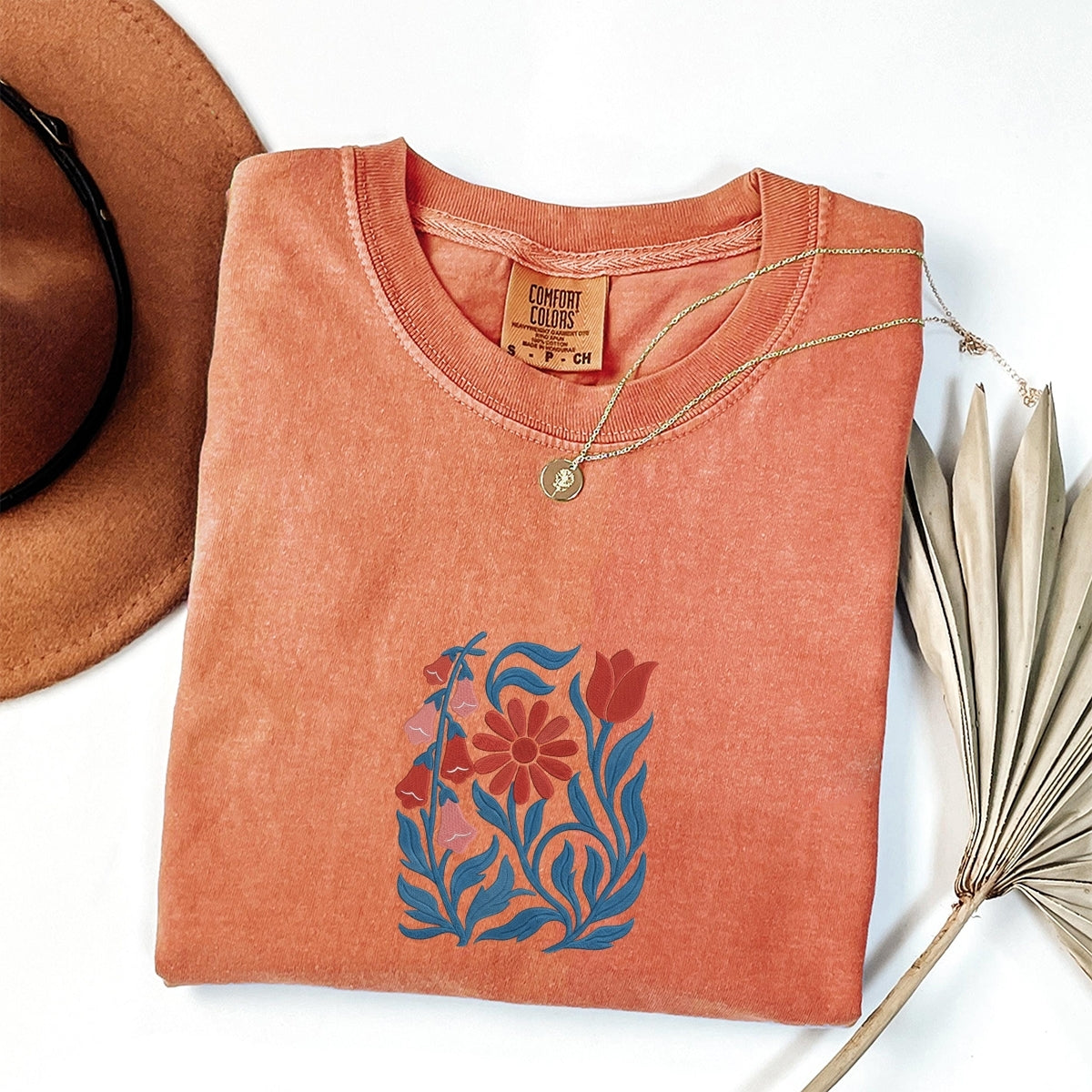 Custom Embroidered No Words T-Shirt | Foxglove Daisy Tulip Floral Embroidery – Subtle Feminist Tee