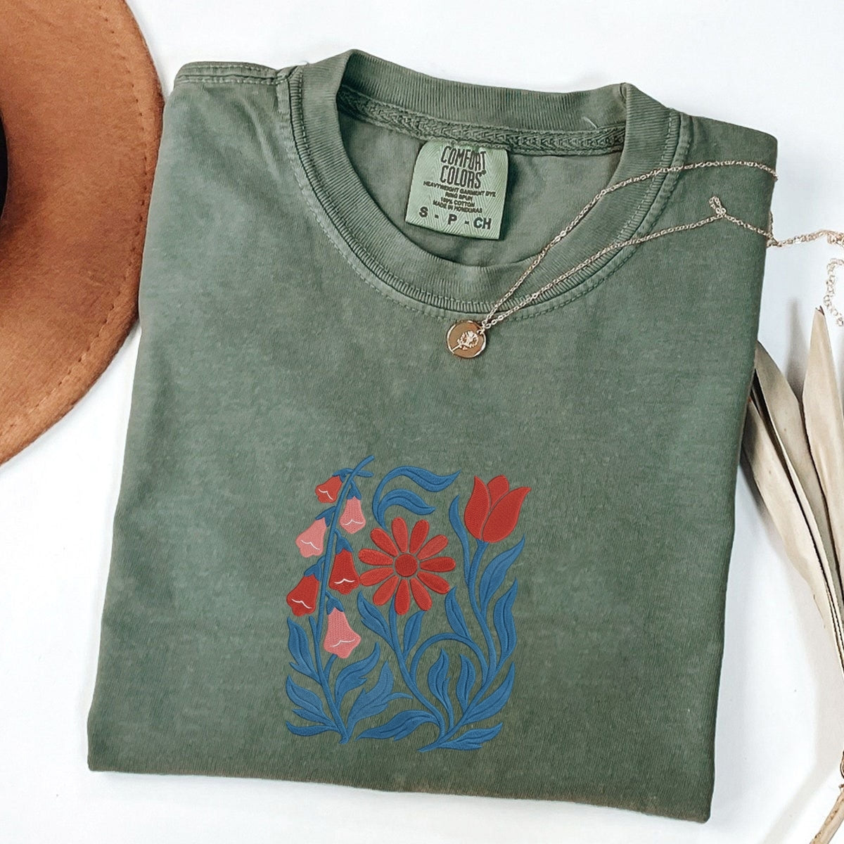 Custom Embroidered No Words T-Shirt | Foxglove Daisy Tulip Floral Embroidery – Subtle Feminist Tee