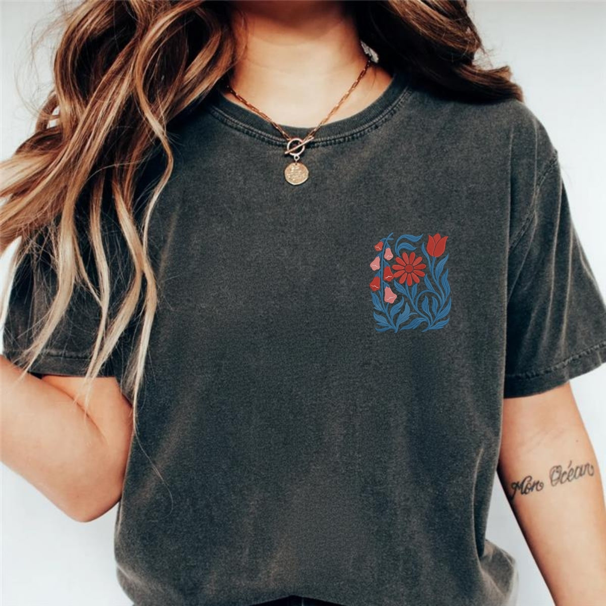 Custom Embroidered No Words T-Shirt | Foxglove Daisy Tulip Floral Embroidery – Subtle Feminist Tee