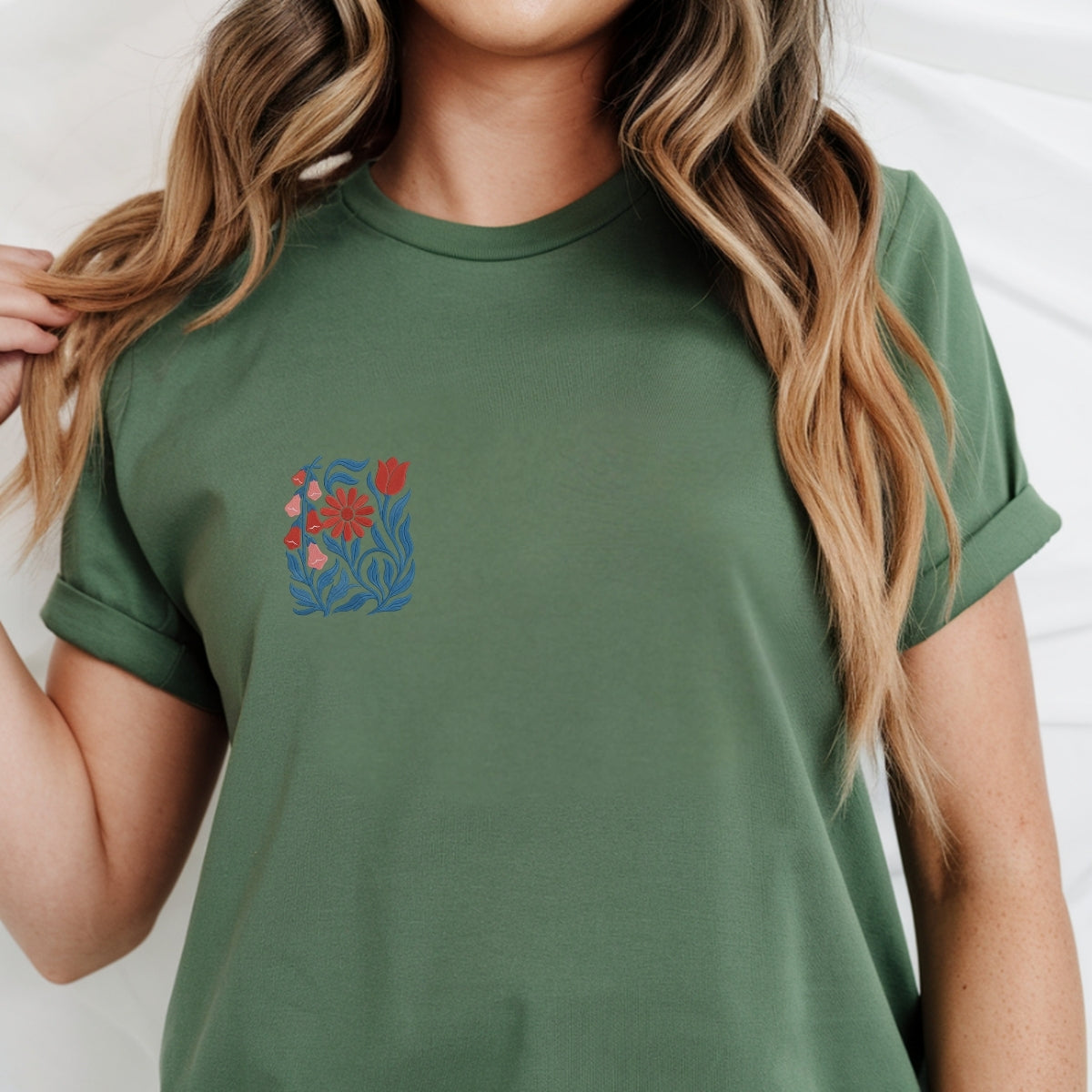 Custom Embroidered No Words T-Shirt | Foxglove Daisy Tulip Floral Embroidery – Subtle Feminist Tee