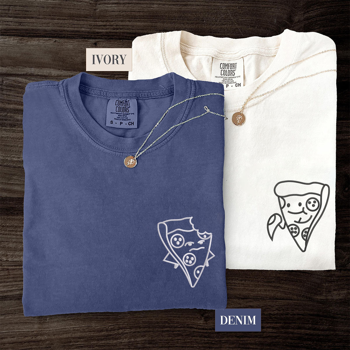 Custom Embroidered One Bite Pizza Matching T-shirts for Couples