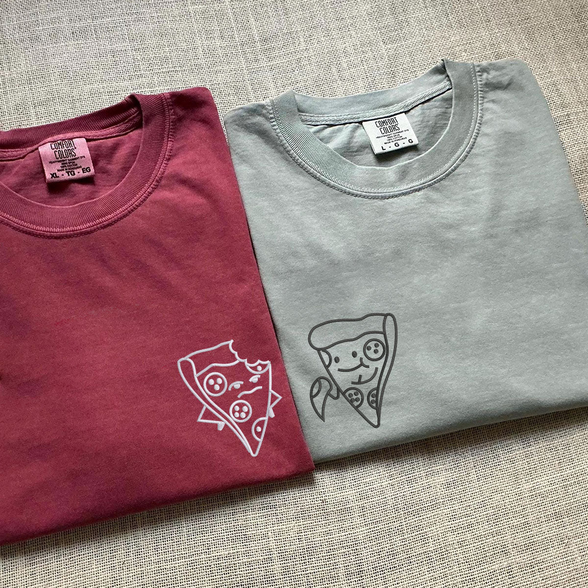 Custom Embroidered One Bite Pizza Matching T-shirts for Couples