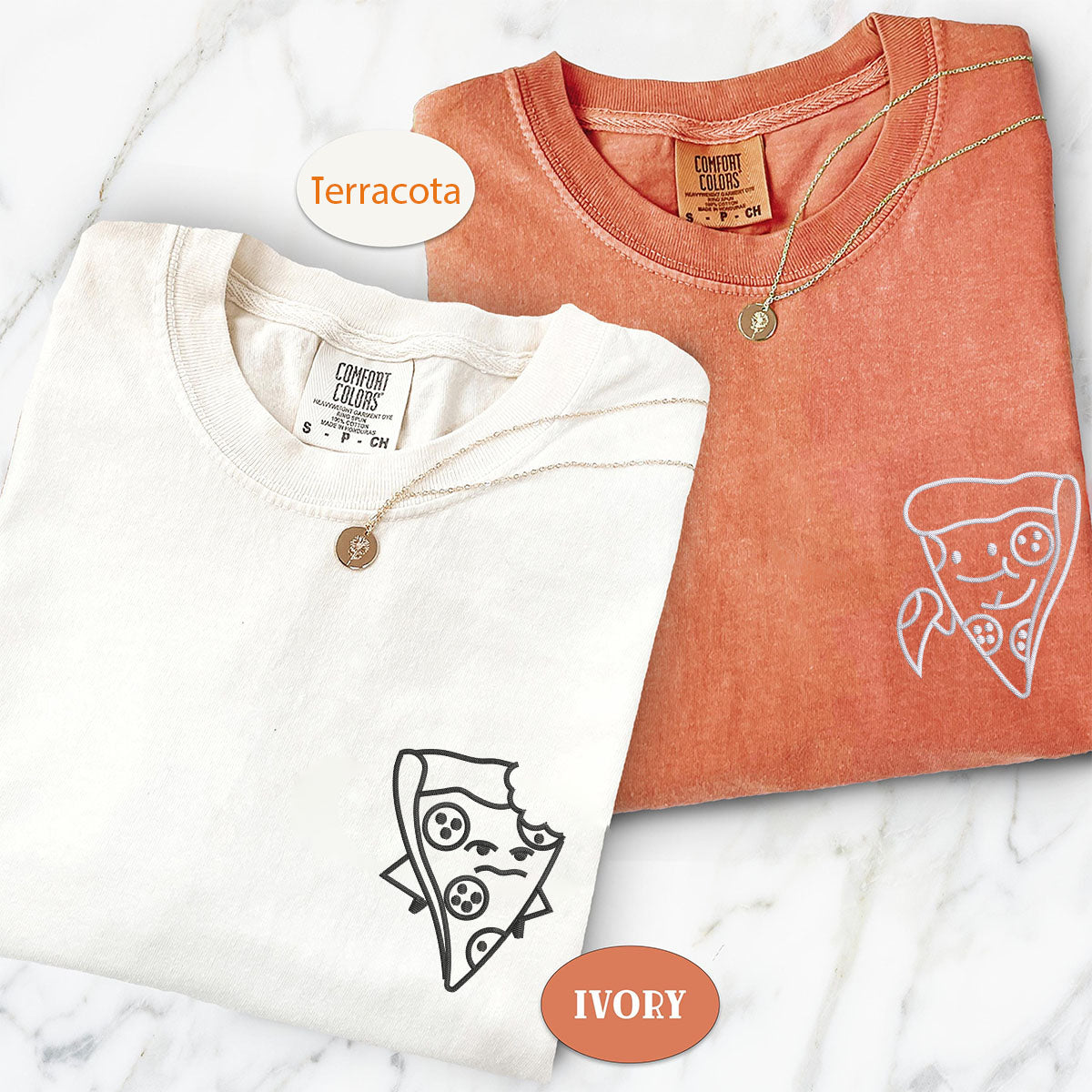 Custom Embroidered One Bite Pizza Matching T-shirts for Couples