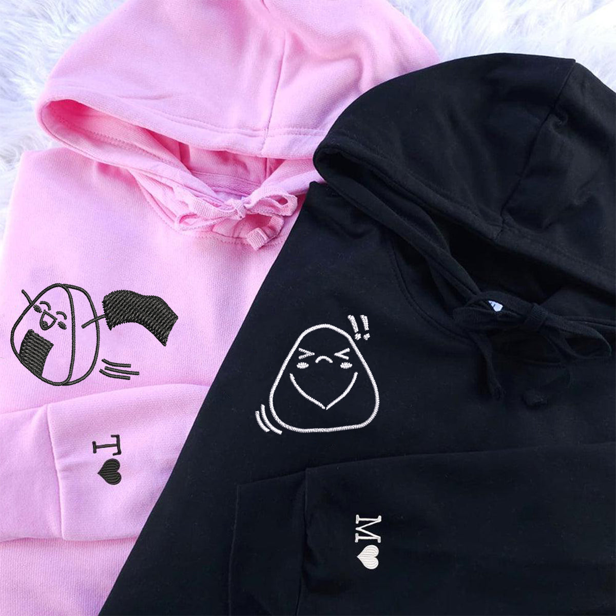 Individuell bestickte Onigiri-Kapuzenpullover für Paare
