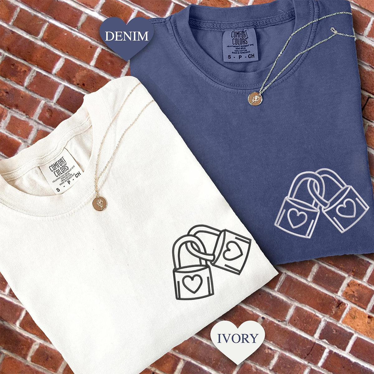 Custom Embroidered Padlock with Heart Matching T-shirts for Couples