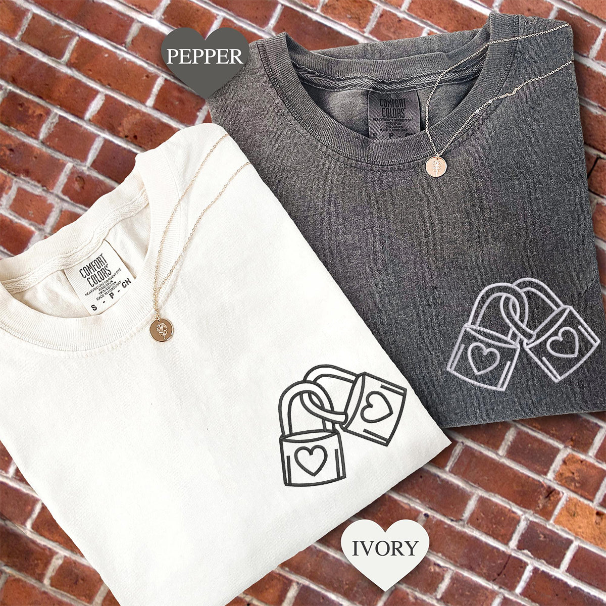 Custom Embroidered Padlock with Heart Matching T-shirts for Couples