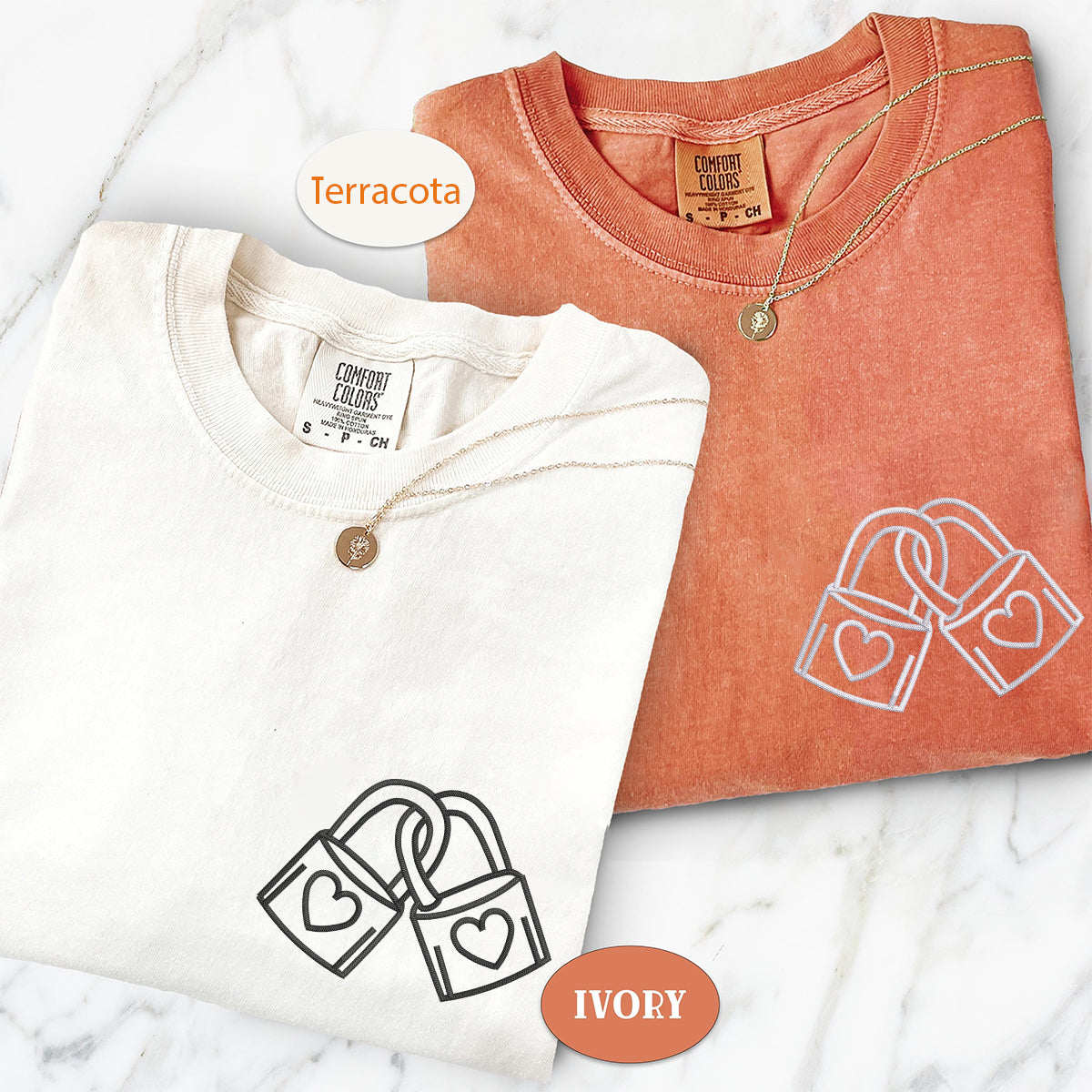 Custom Embroidered Padlock with Heart Matching T-shirts for Couples