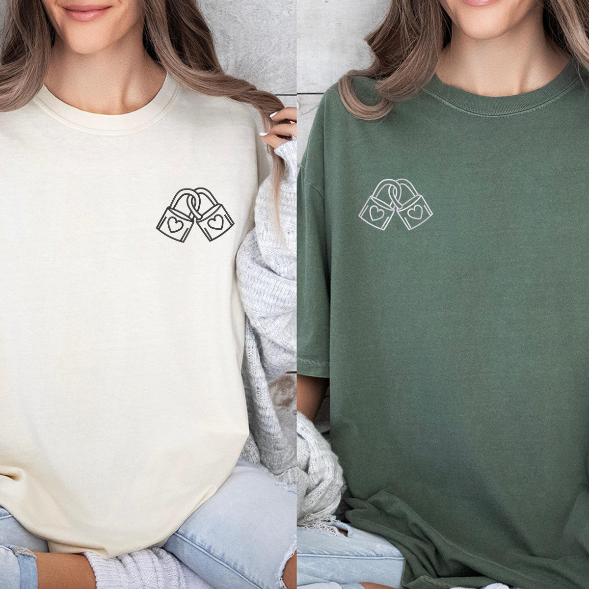 Custom Embroidered Padlock with Heart Matching T-shirts for Couples