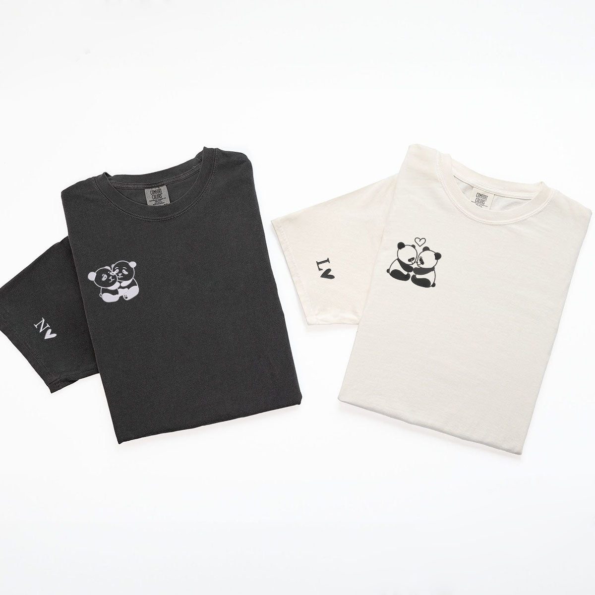 T-shirts assortis personnalisés brodés Panda Love pour couples