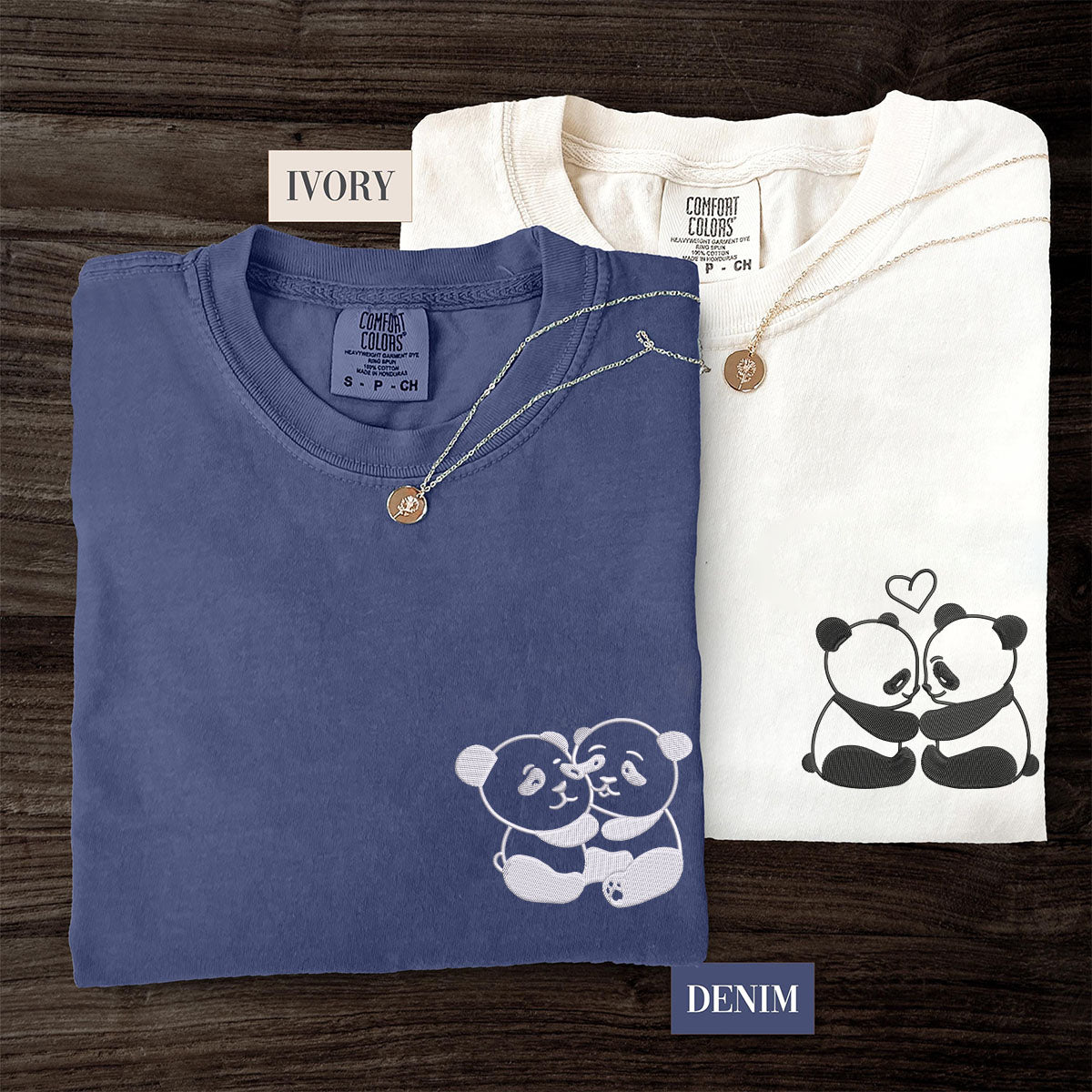 T-shirts assortis personnalisés brodés Panda Love pour couples
