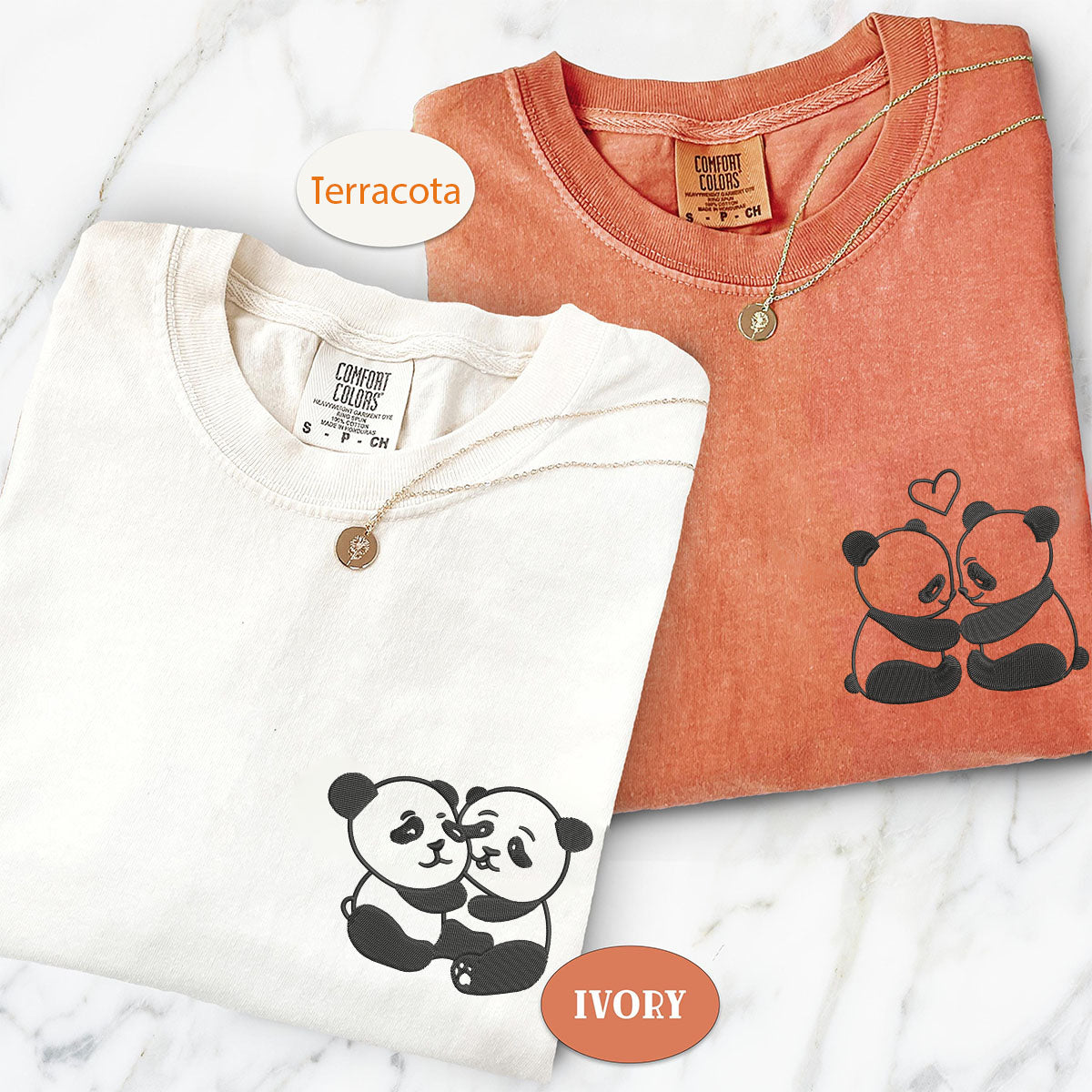 T-shirts assortis personnalisés brodés Panda Love pour couples