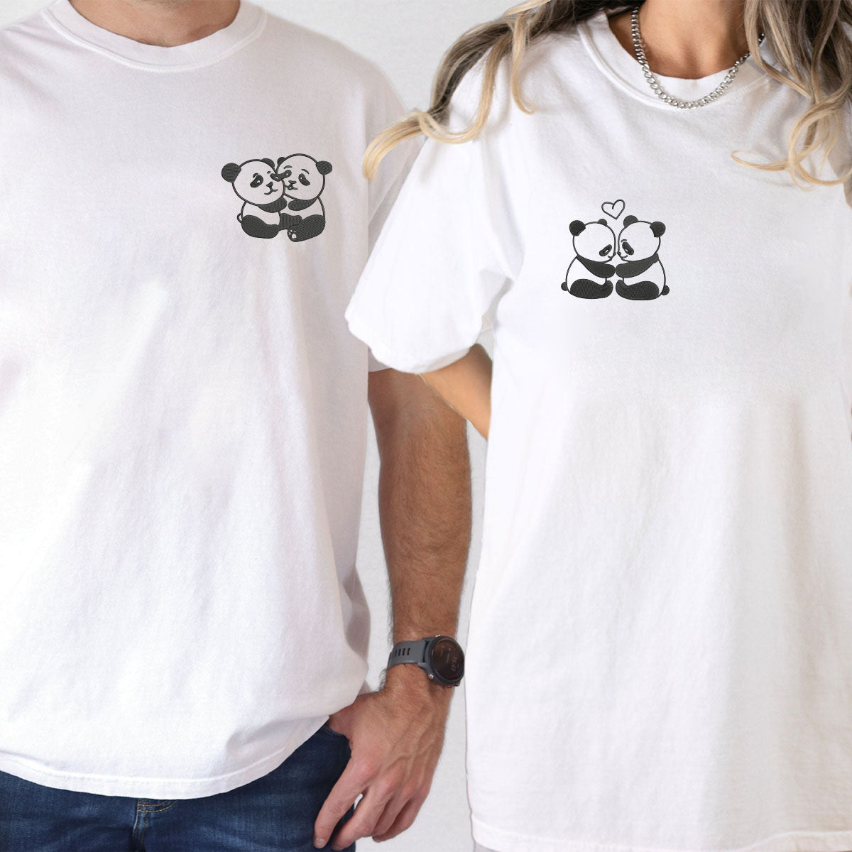 T-shirts assortis personnalisés brodés Panda Love pour couples