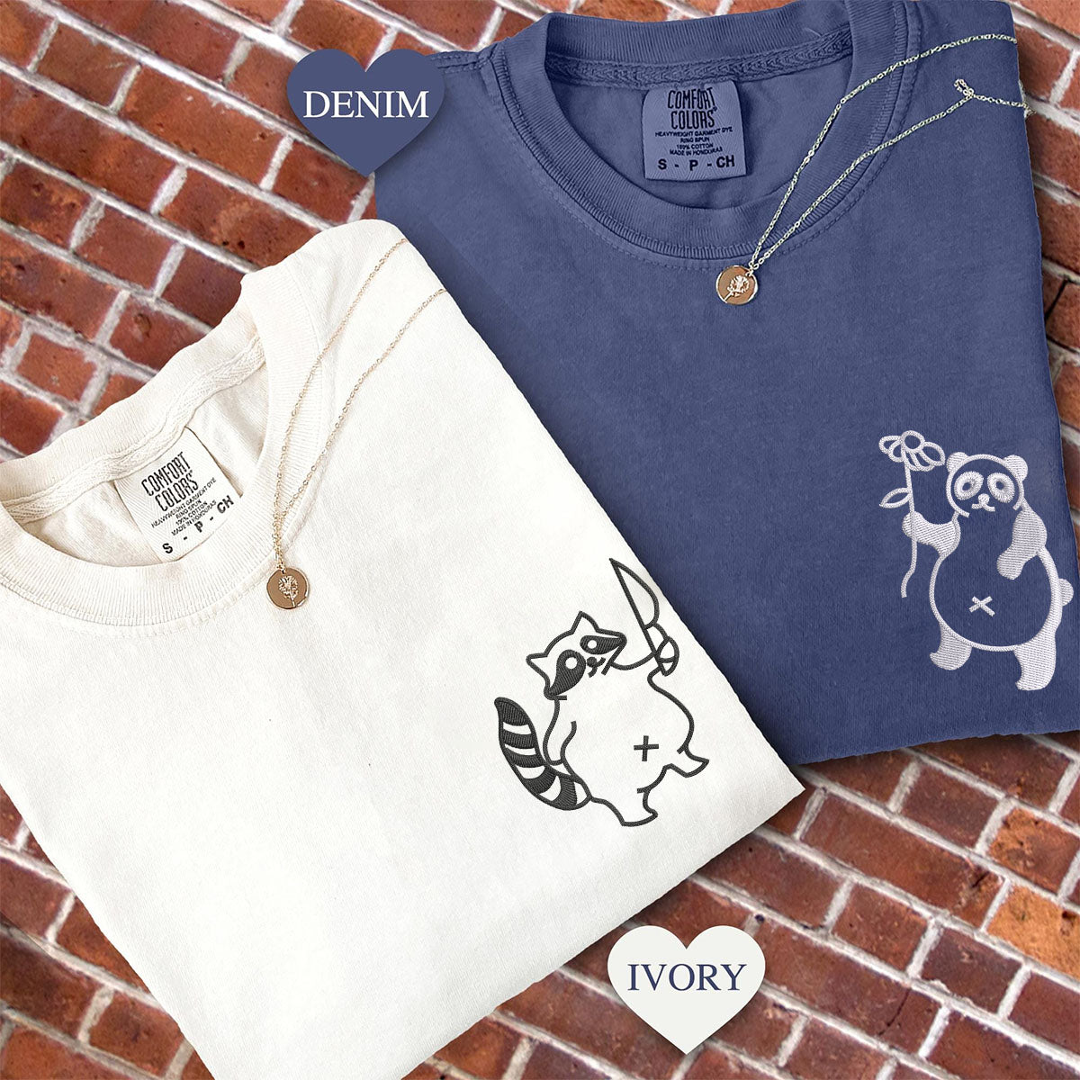 Custom Embroidered Panda with Raccoon Matching T-shirts for Couples