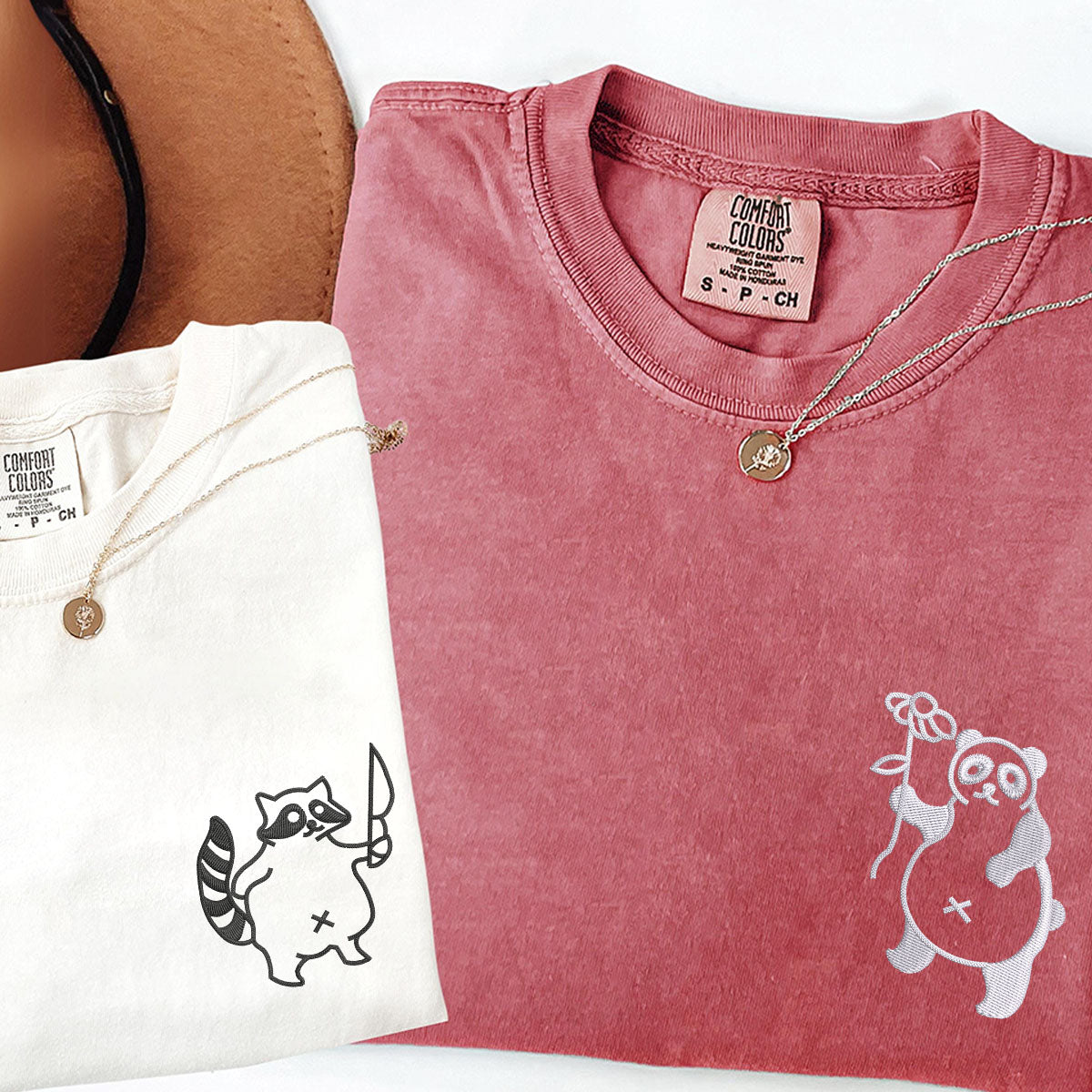 Custom Embroidered Panda with Raccoon Matching T-shirts for Couples