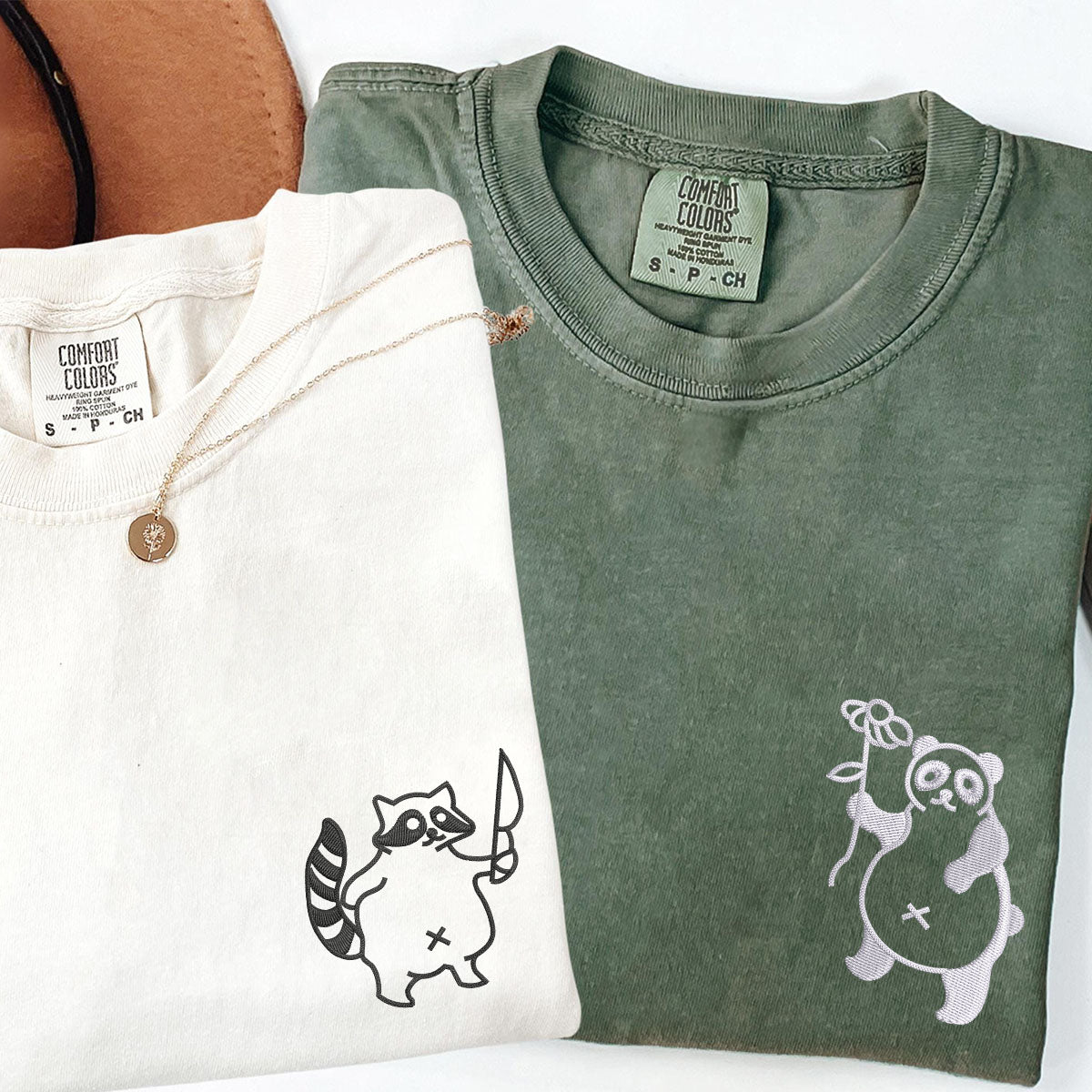 Custom Embroidered Panda with Raccoon Matching T-shirts for Couples