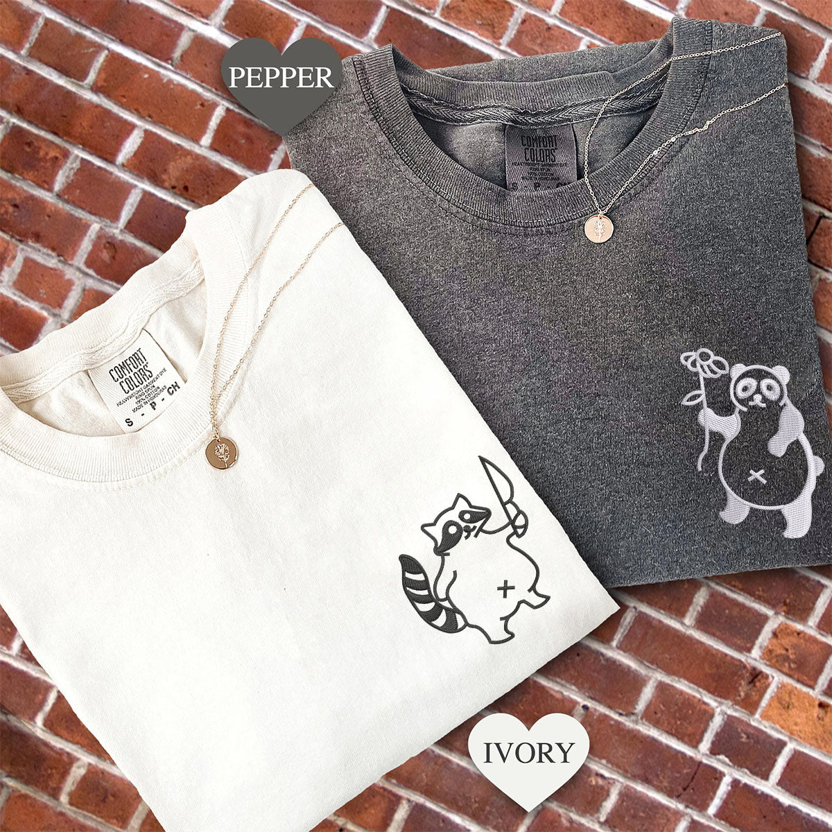 Custom Embroidered Panda with Raccoon Matching T-shirts for Couples