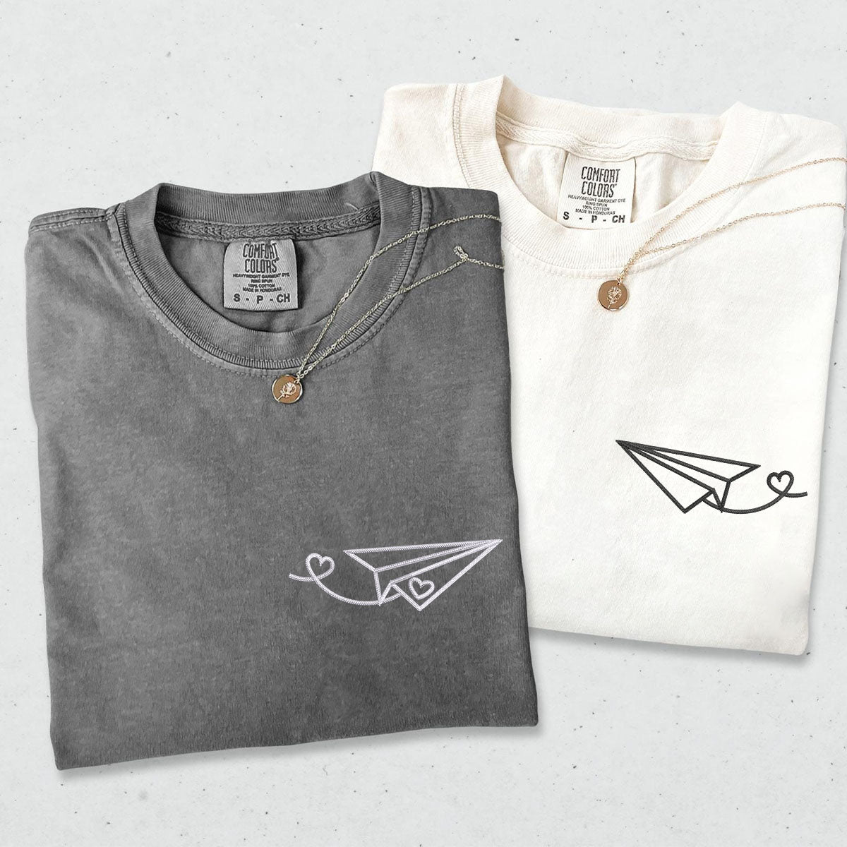 Custom Embroidered Paper Airplane Heart Matching T-shirts for Couples