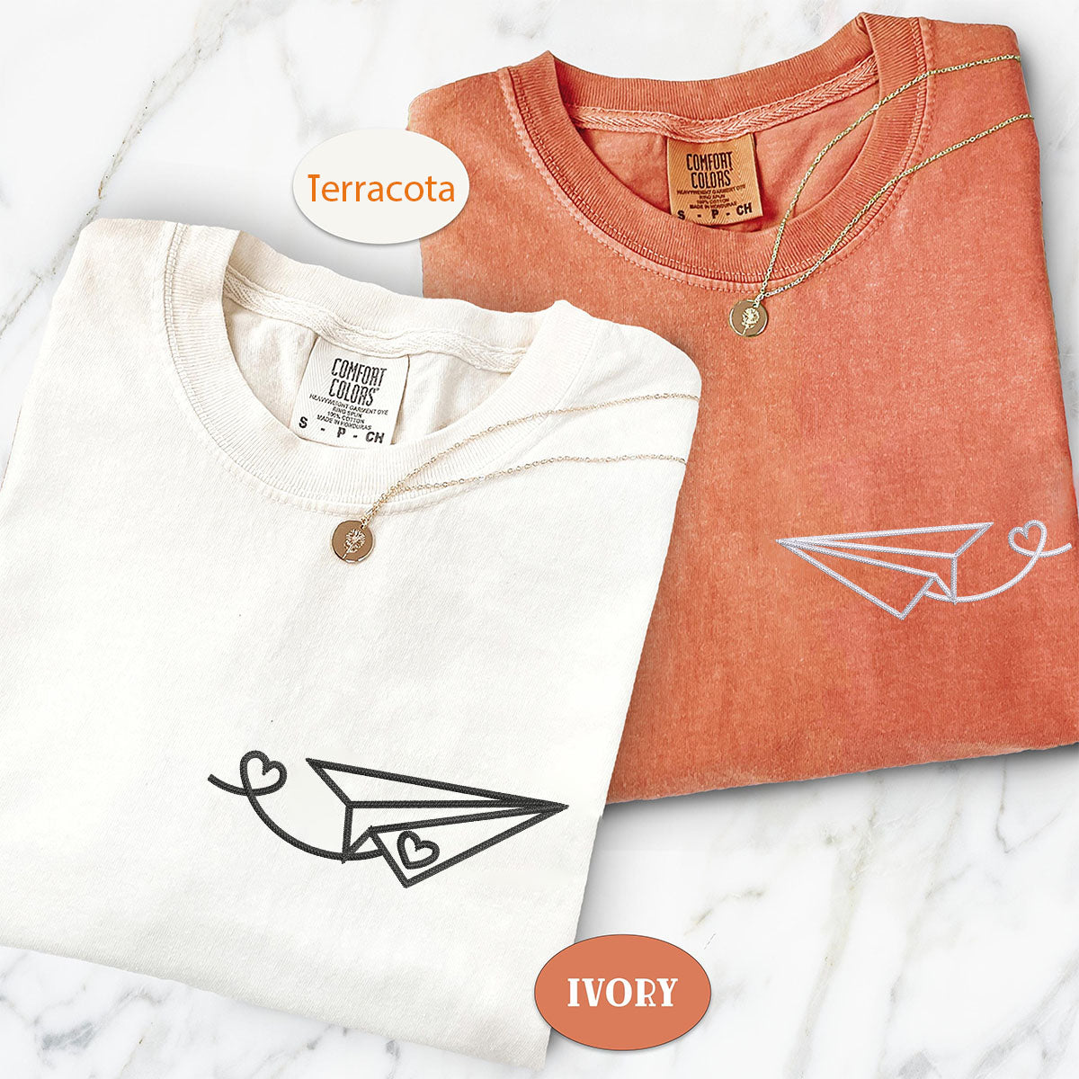 Custom Embroidered Paper Airplane Heart Matching T-shirts for Couples