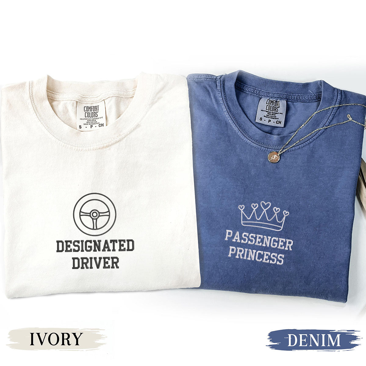 T-shirts assortis brodés personnalisés Princesse passagère pour couples