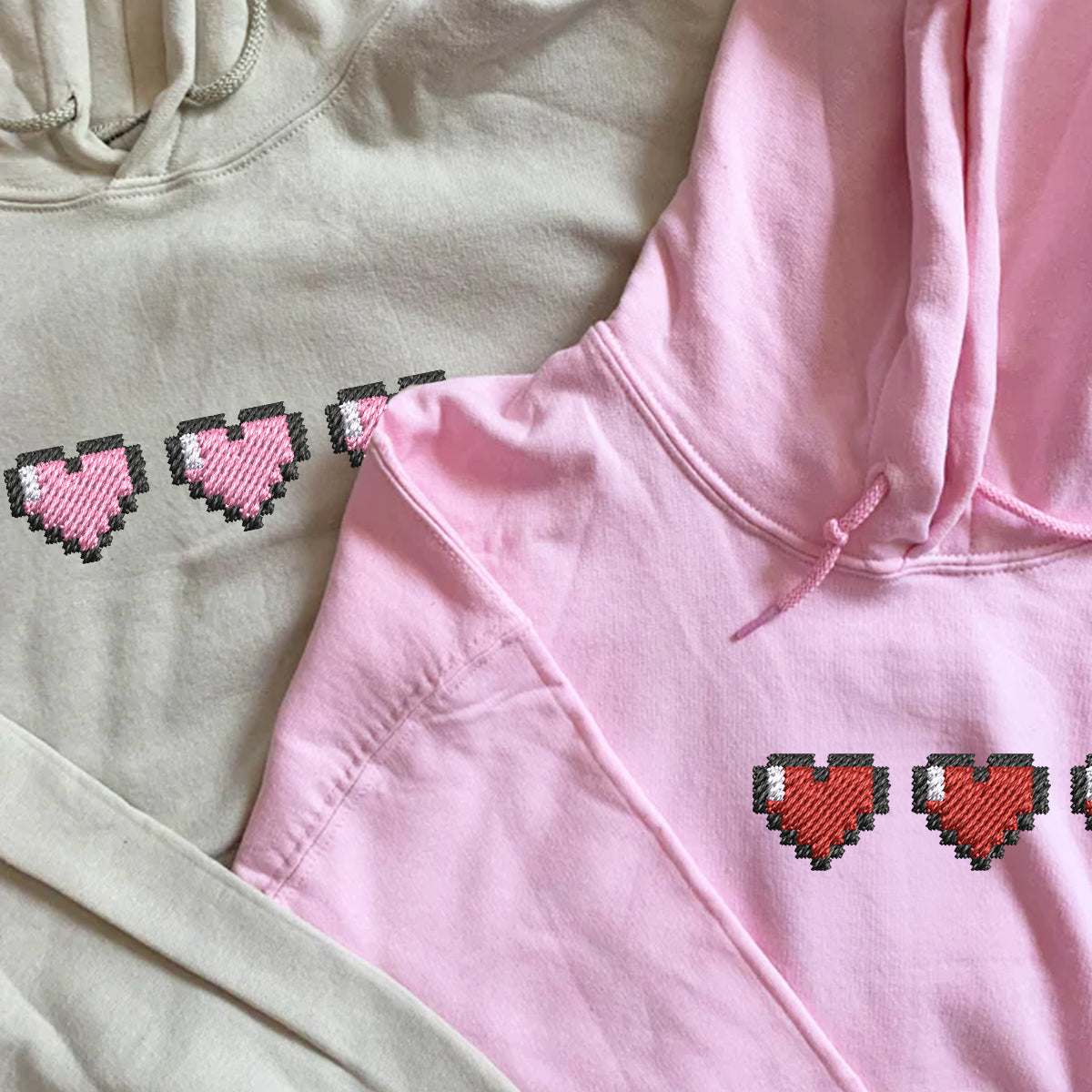 Custom Embroidered Pixel Heart Matching Hoodies for Couples