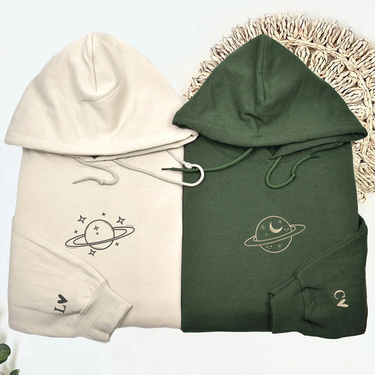Custom Embroidered Planet Matching Hoodies for Couples