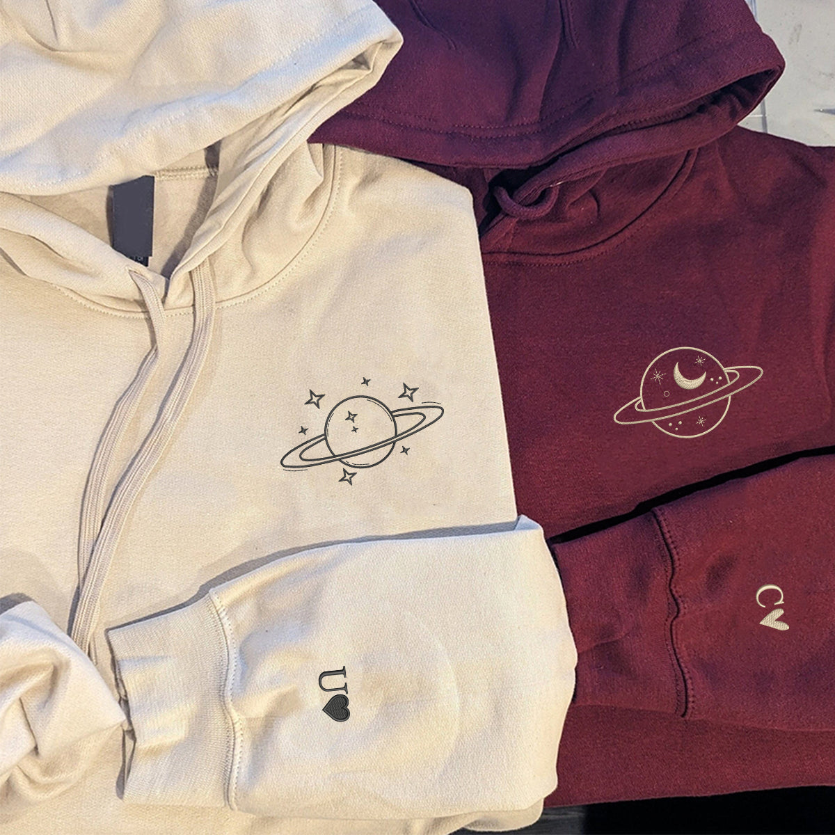 Custom Embroidered Planet Matching Hoodies for Couples