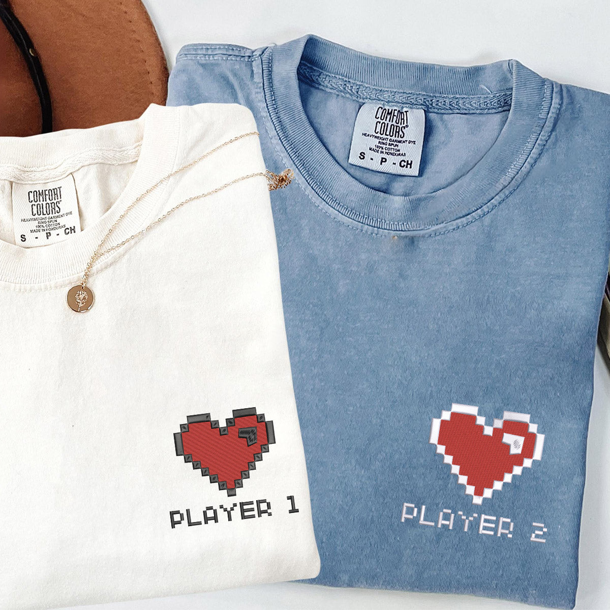 T-shirts brodés personnalisés assortis Joueur 1 Joueur 2 pour couples