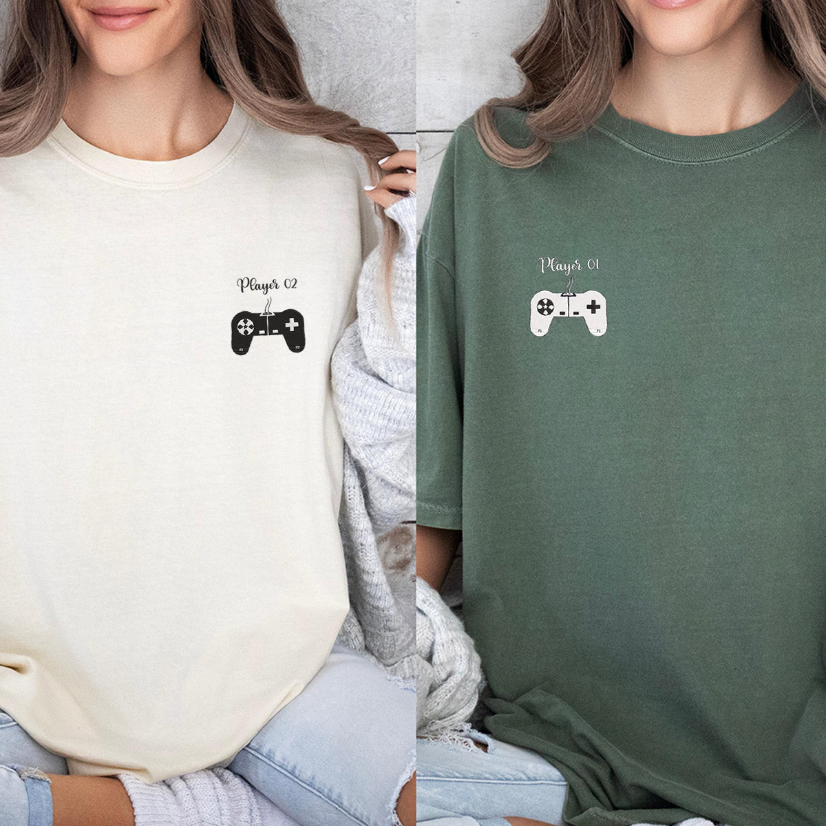 T-shirts brodés personnalisés assortis Joueur 1 Joueur 2 pour couples